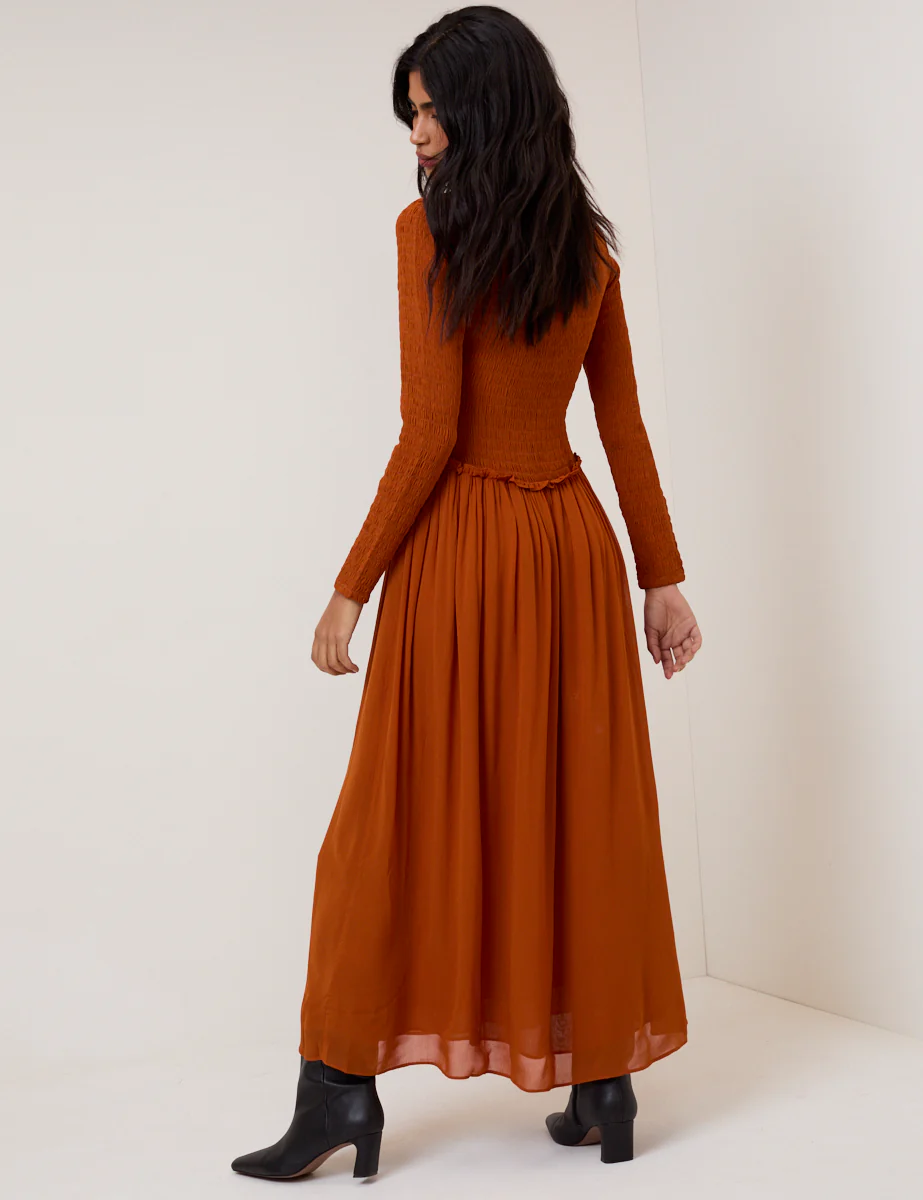 Burnt Orange Shirred Long Sleeve Sorelle Midi Dress - Image 5