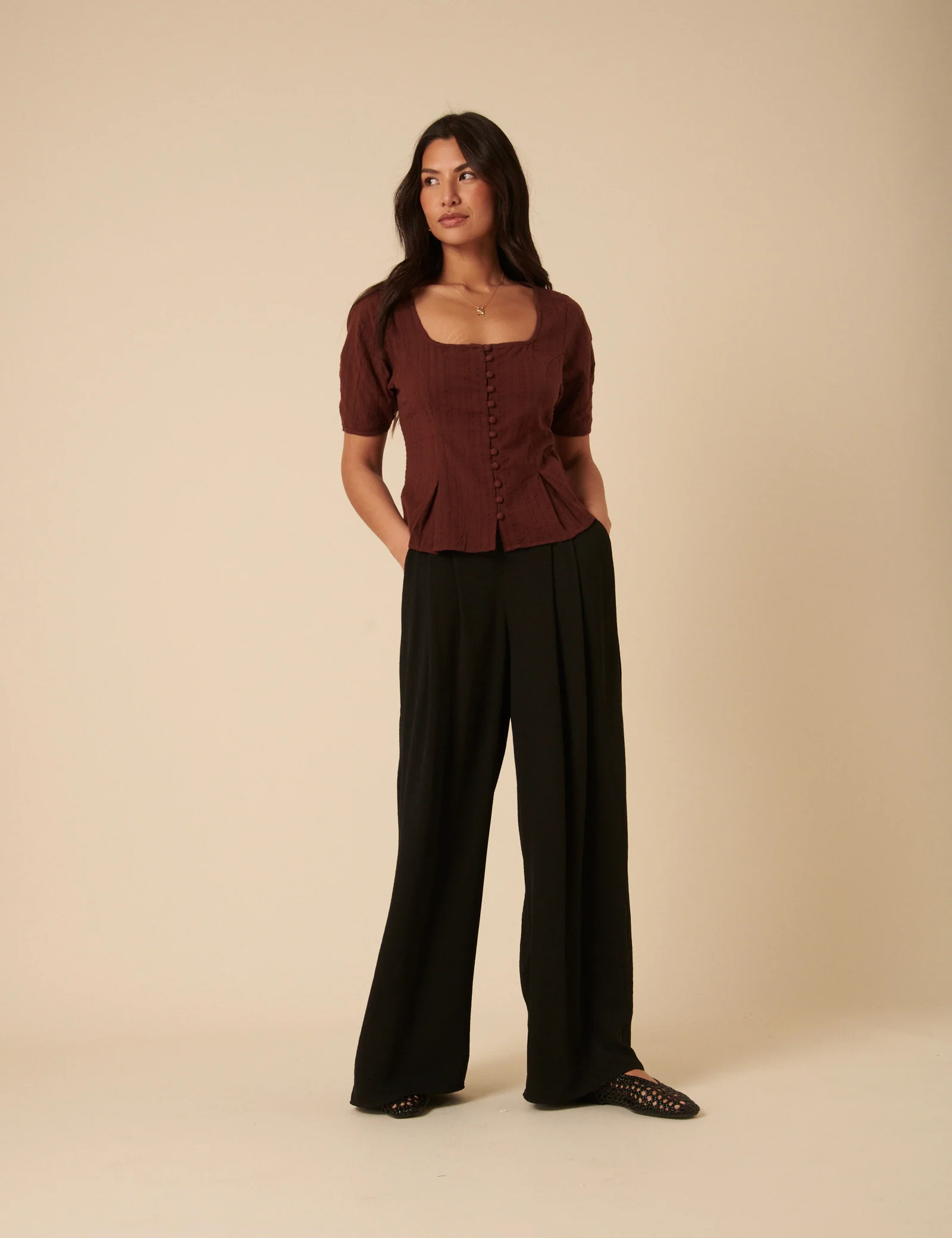 Brown Short Sleeve Button Down Blouse - Image 2