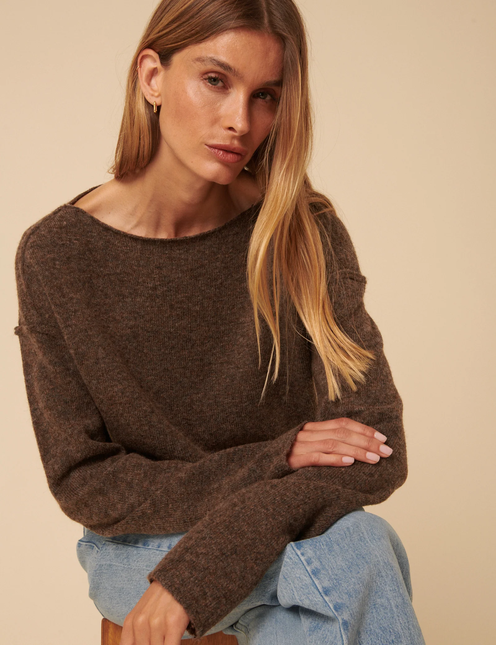 Brown Slash Neck Knitted Jumper - Image 5