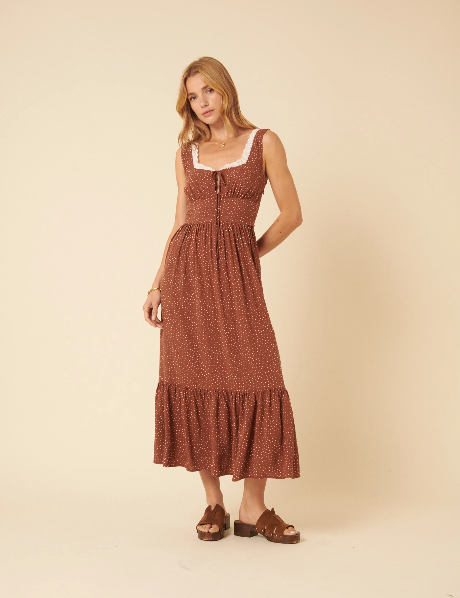 Brown Spotty Tiered Heather Midi Dress - Image 4