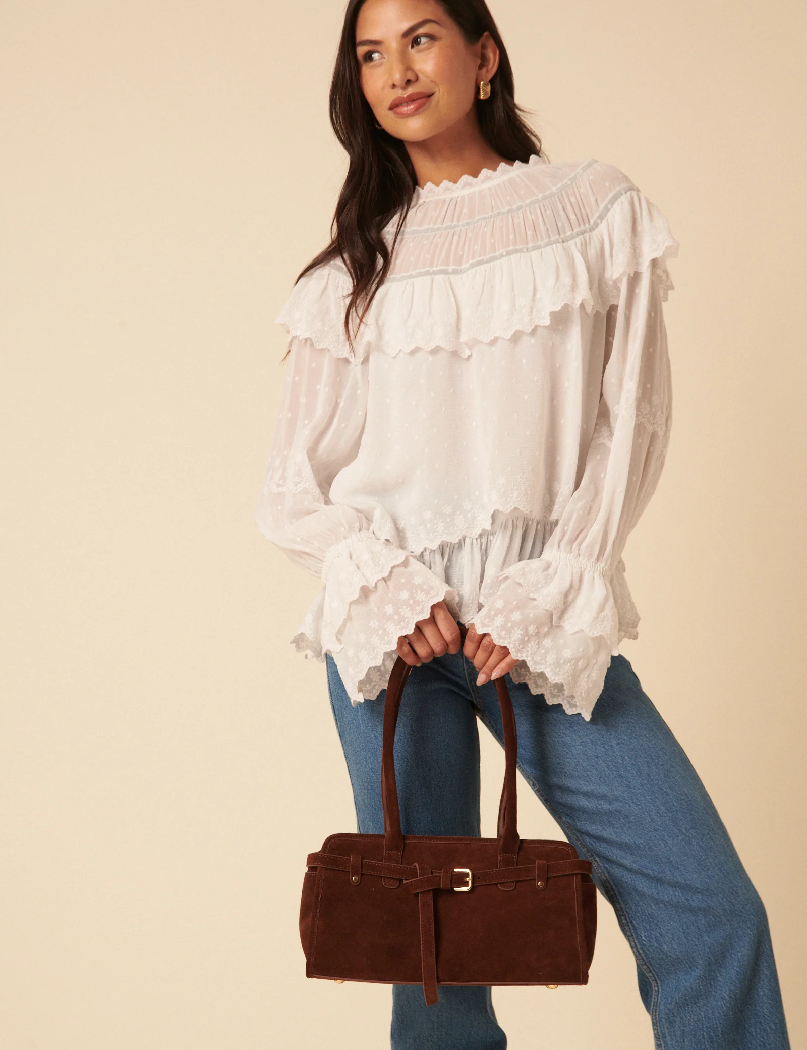 Brown Suede Baguette Shoulder Bag - Image 4