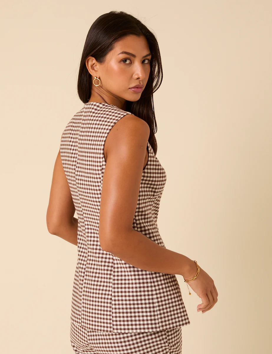 Brown Gingham Tailored Longline Waistcoat - Image 5