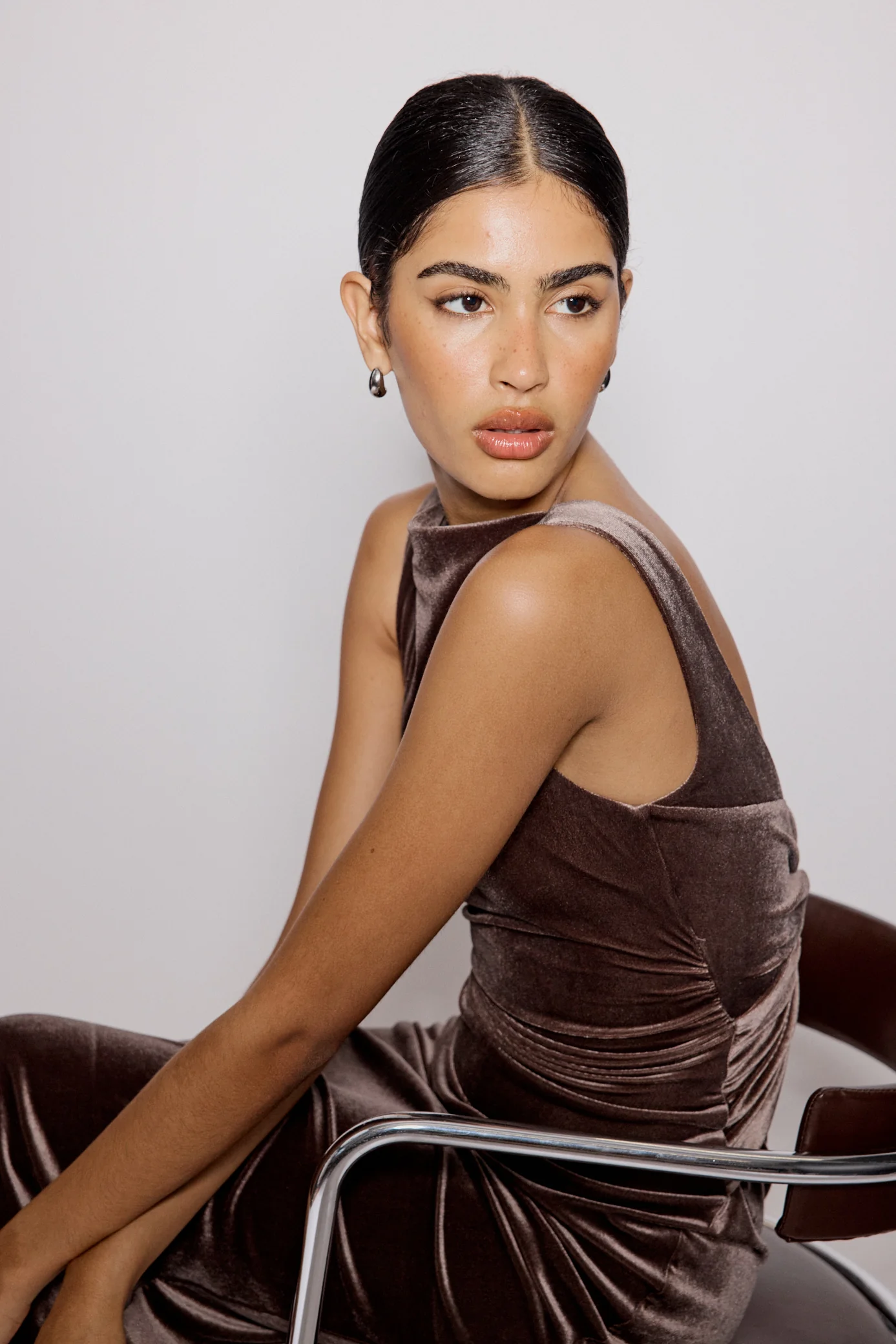 Brown Stretch Velvet Margot Midi Dress - Image 4