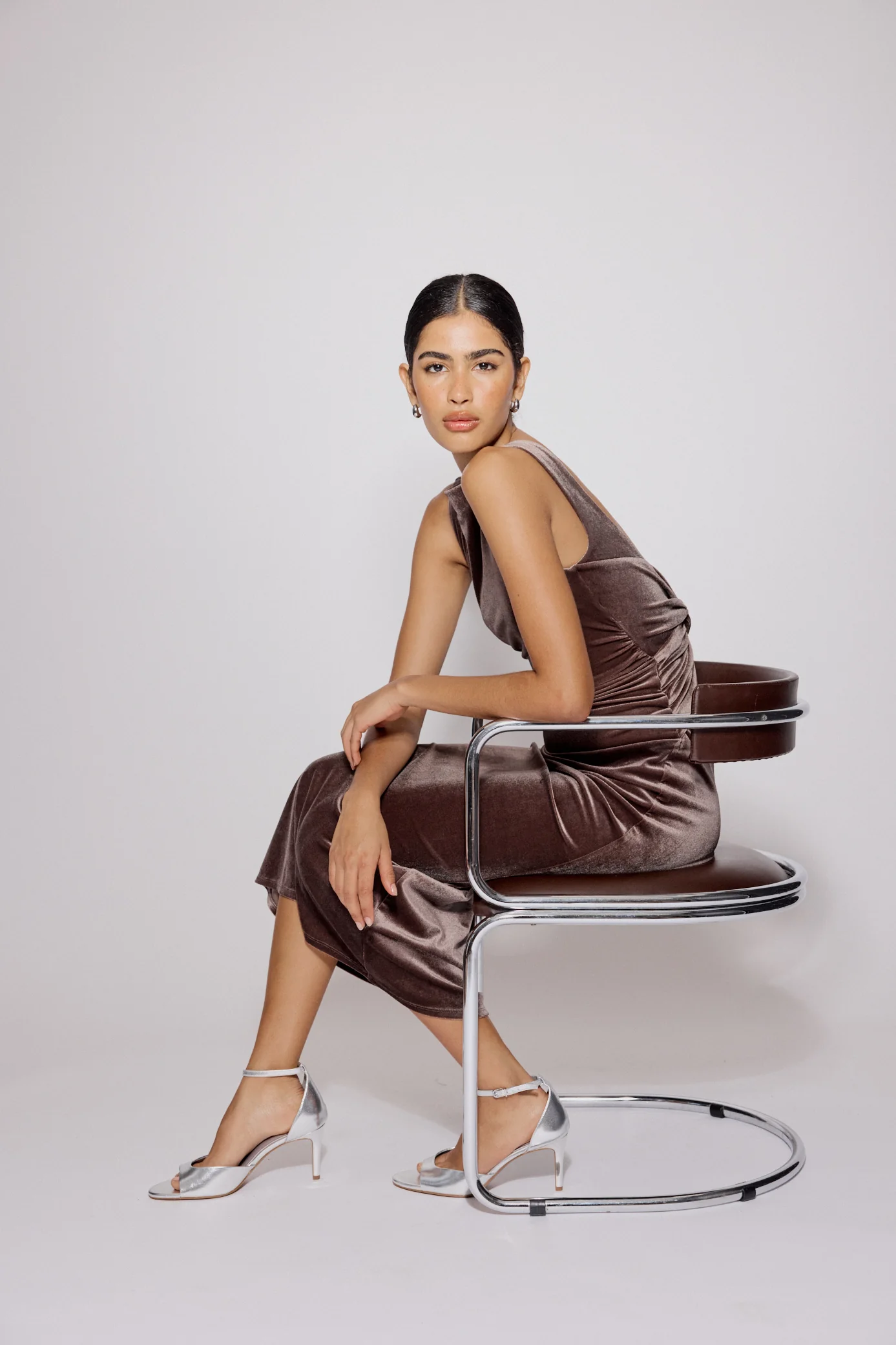 Brown Stretch Velvet Margot Midi Dress - Image 5