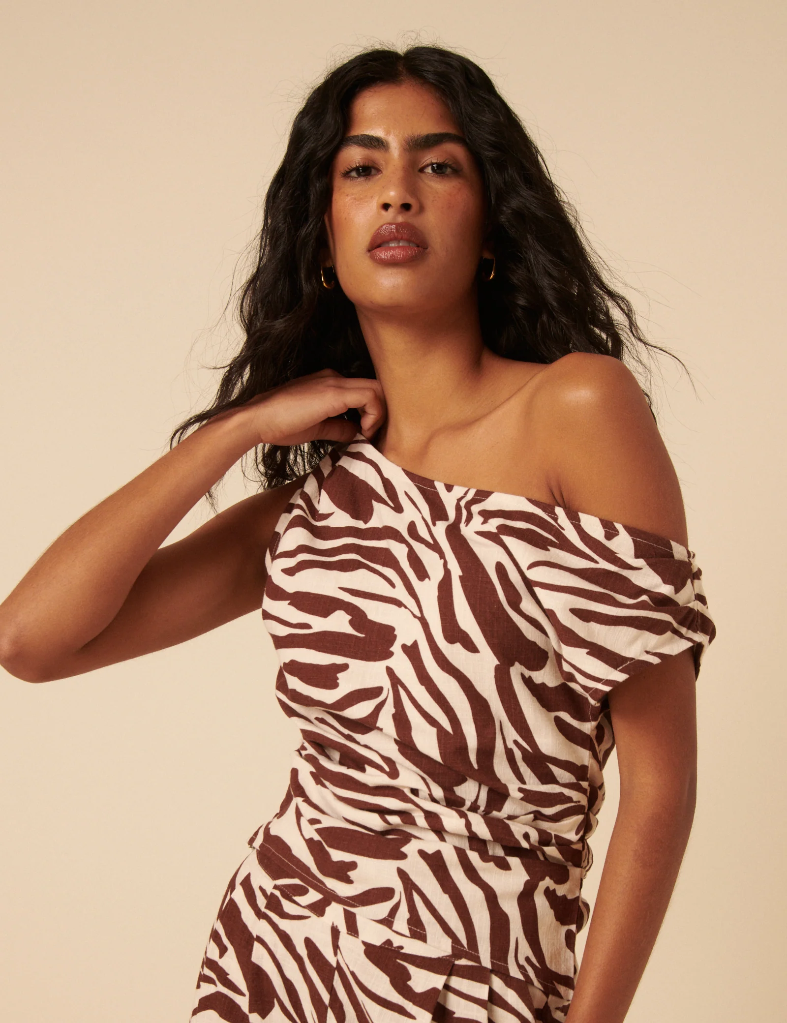 Brown Zebra Print One Shoulder Top