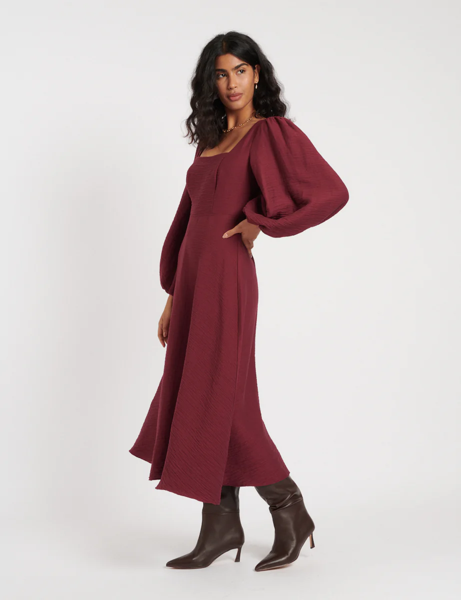 Burgundy Balloon Sleeve Loredana Midi Dress - Image 3