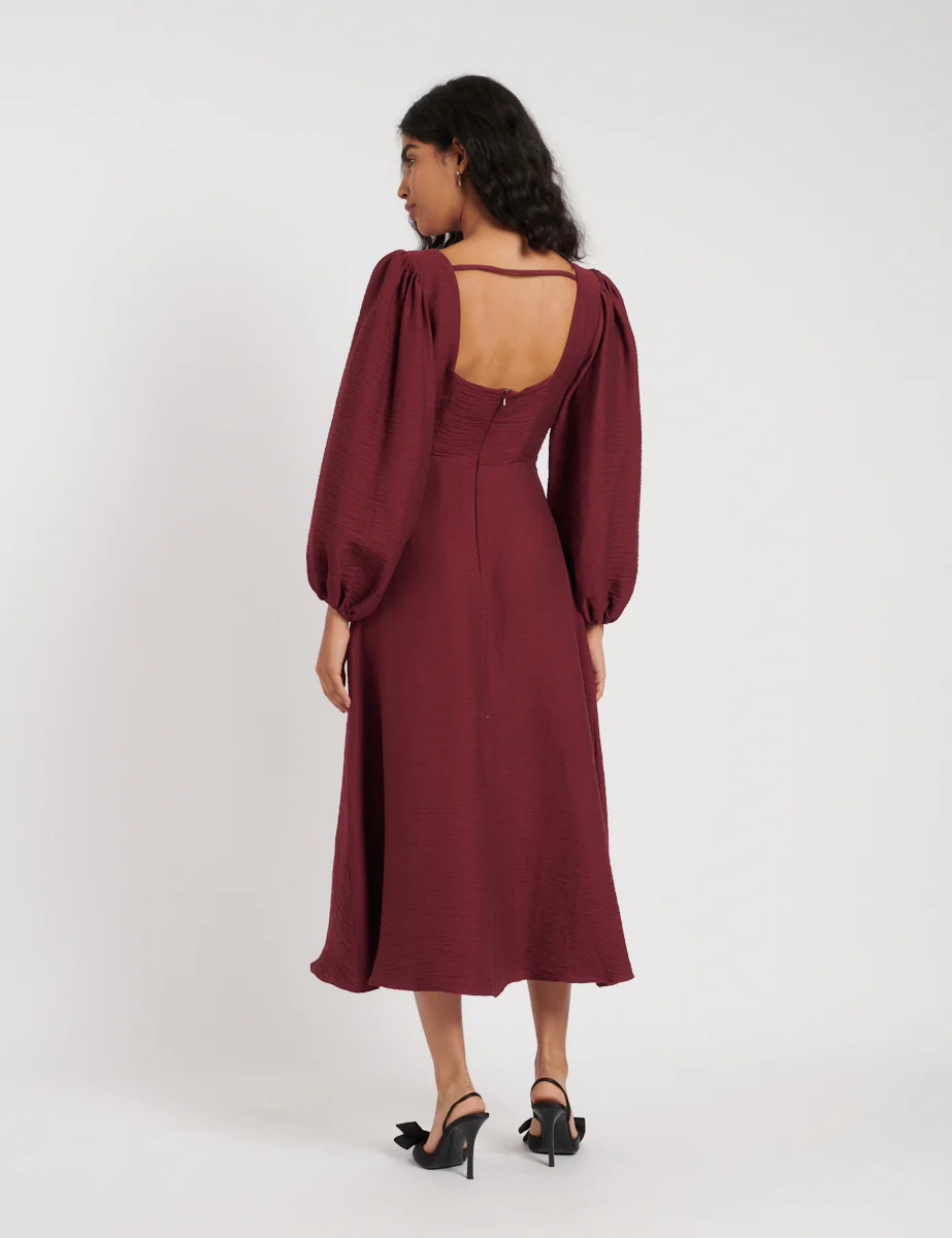 Burgundy Balloon Sleeve Loredana Midi Dress - Image 4