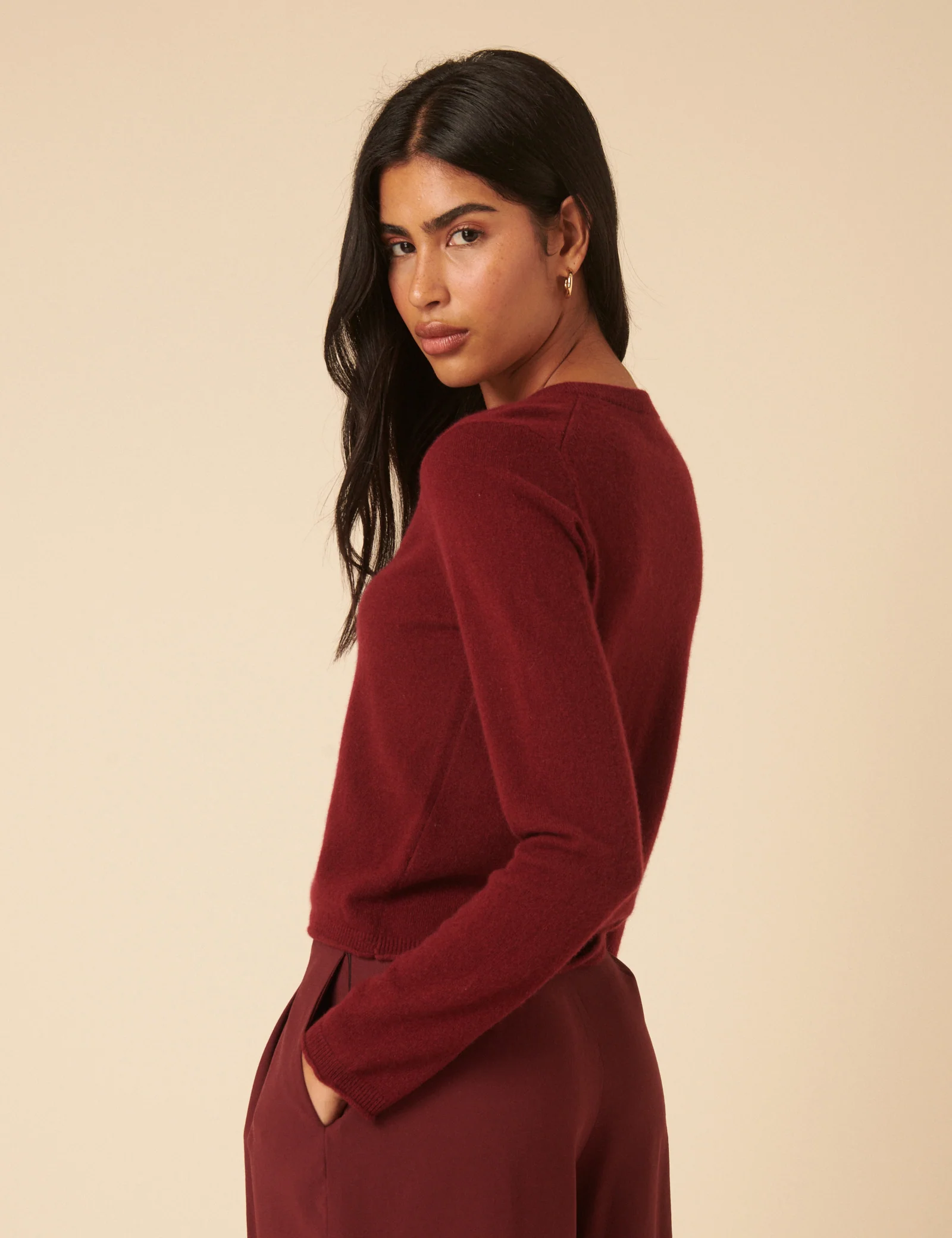 Burgundy Cashmere Crew Neck Cardigan - Image 4