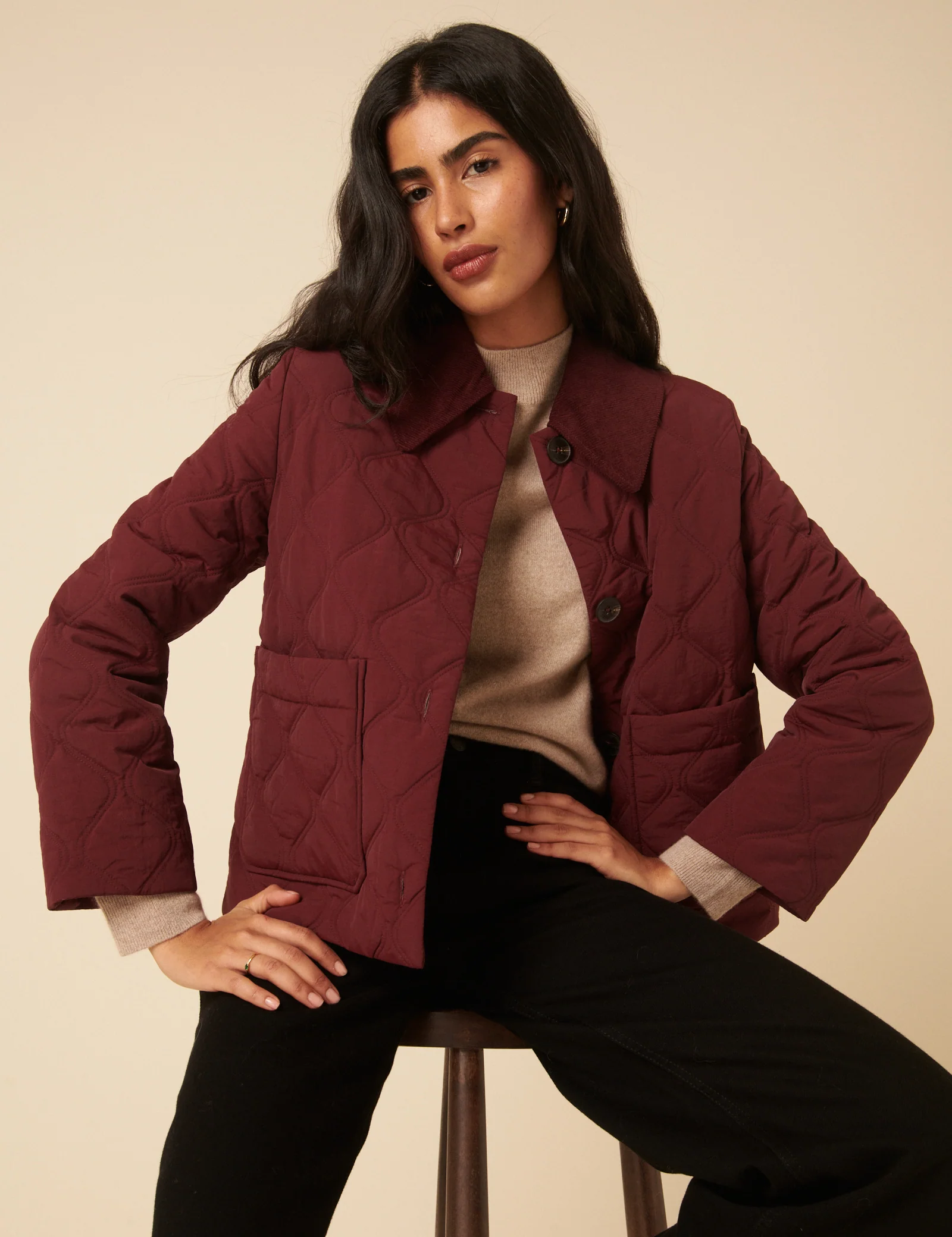 Burgundy Collared Quilted Jacket - Image 2