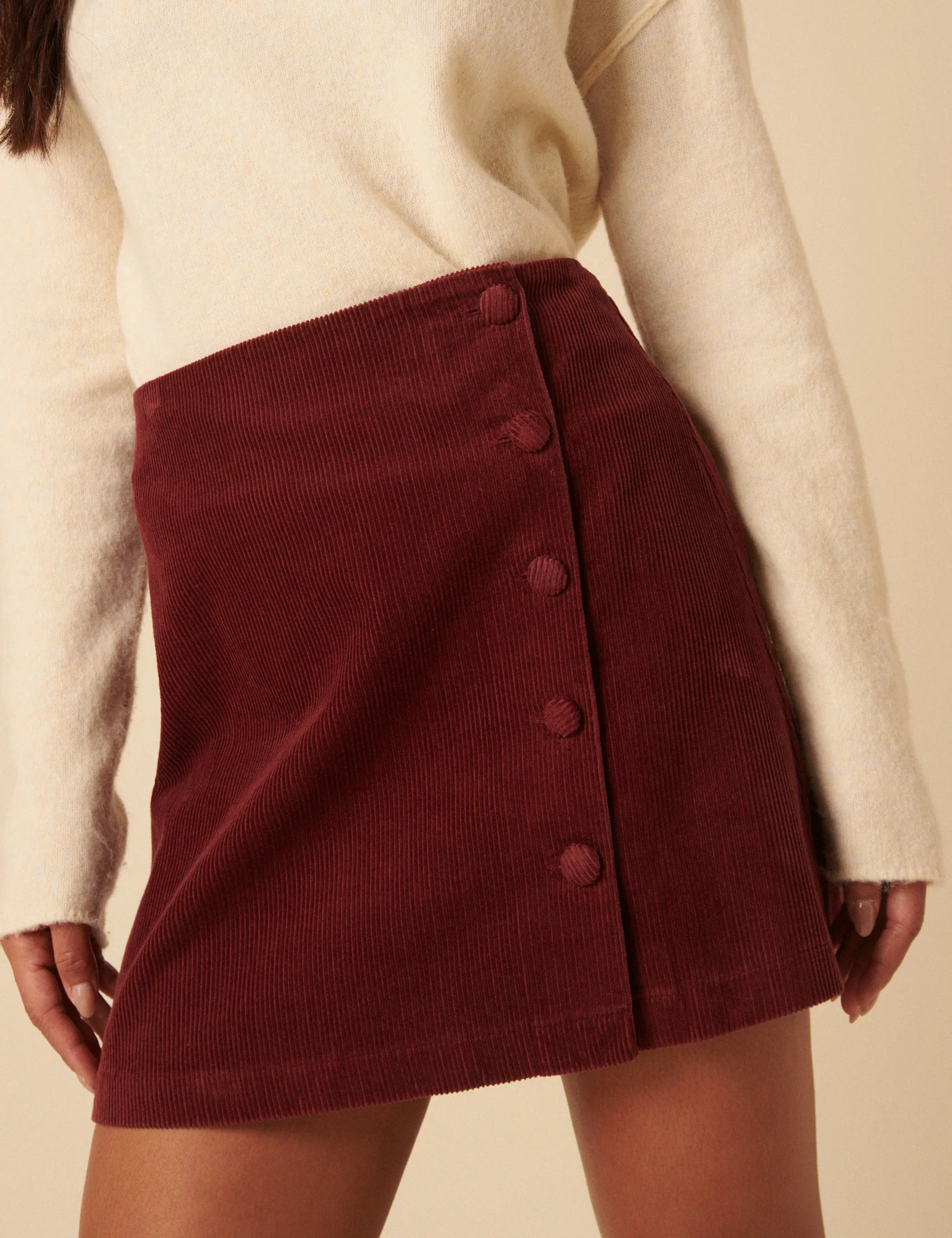 Burgundy Cord Asymmetric Mini Skirt - Image 3