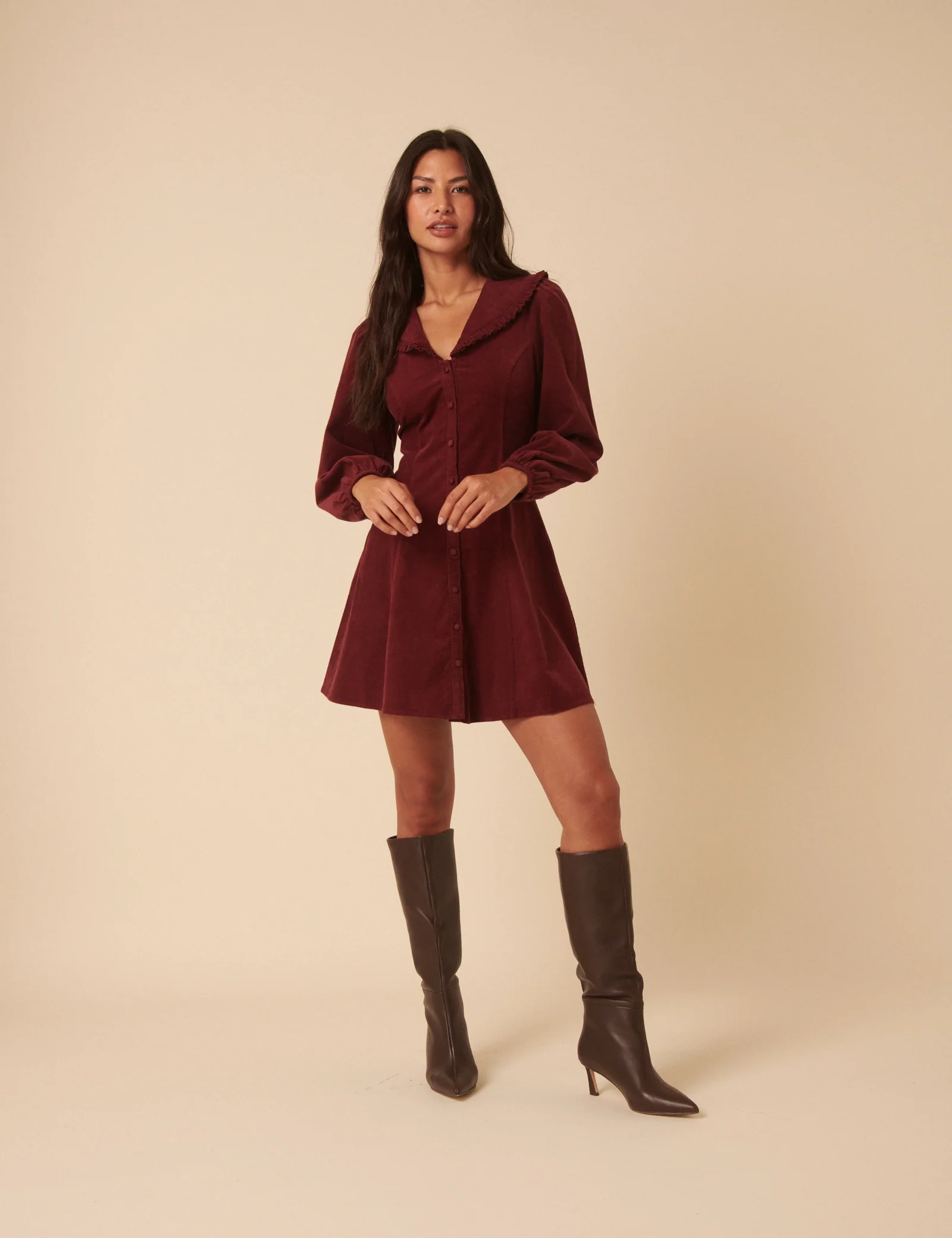 Burgundy Cord Collared Emma Mini Dress - Image 5