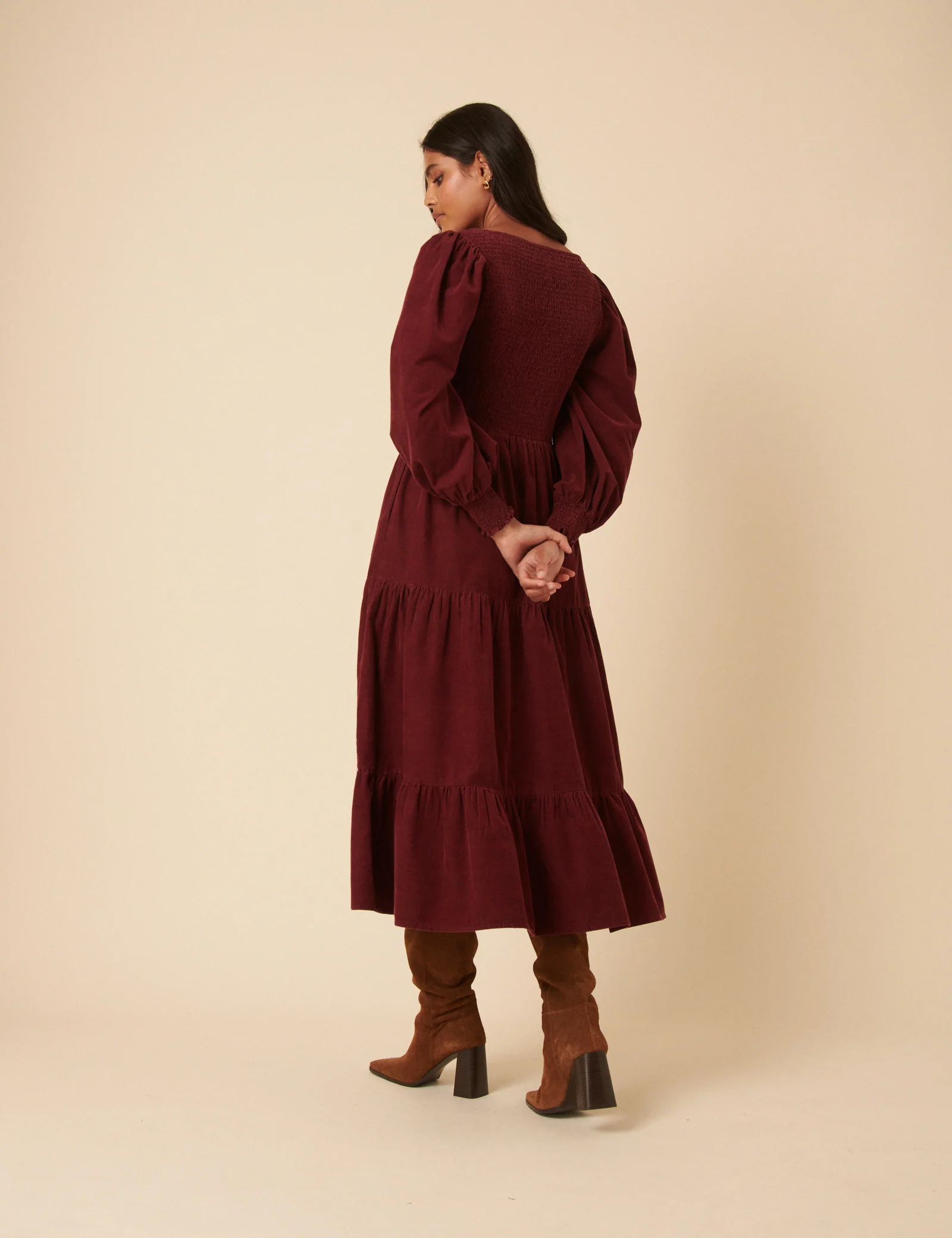 Burgundy Cord Tiered Ruby Midi Dress - Image 5