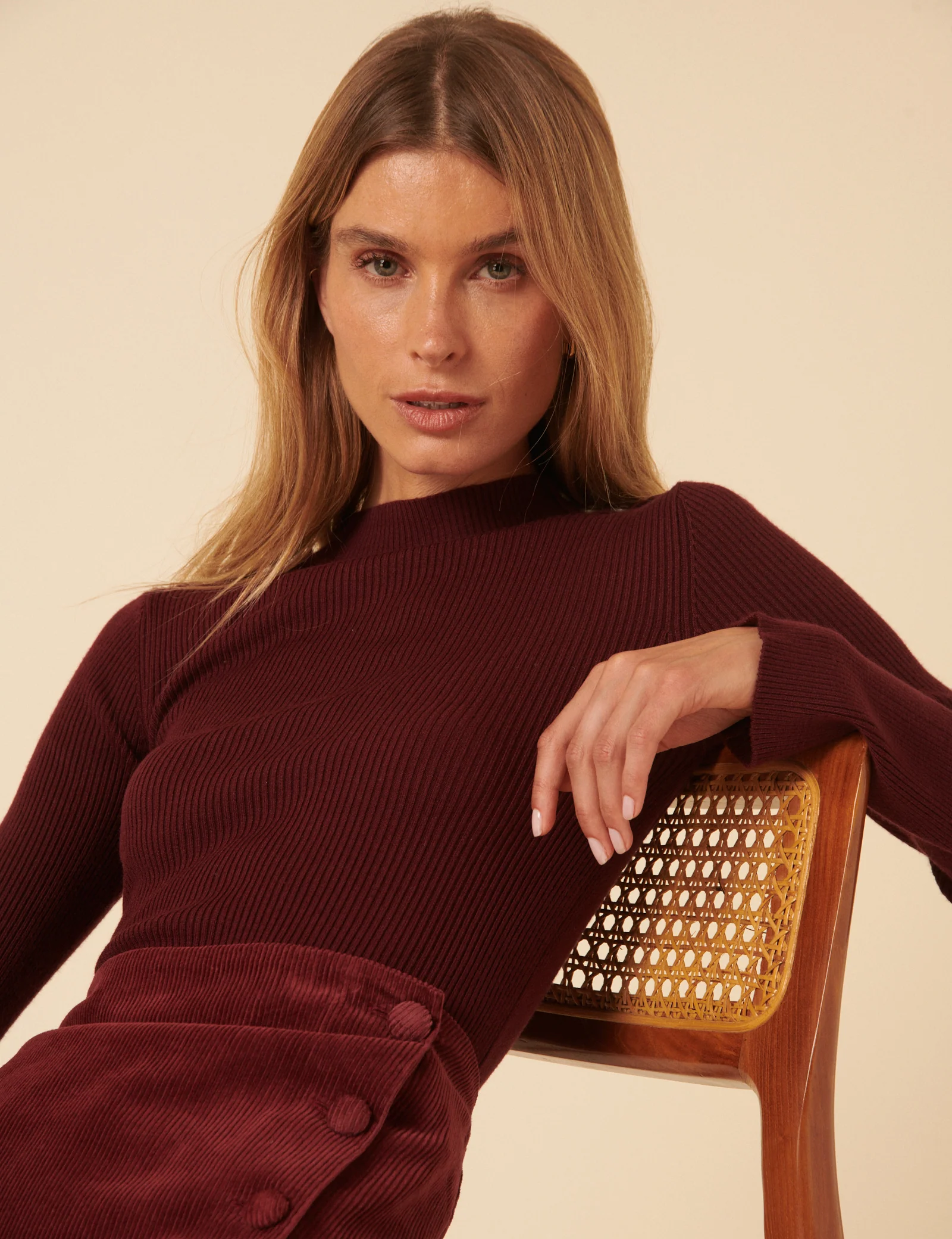 Burgundy High Neck Ribbed Knitted Top - Image 2
