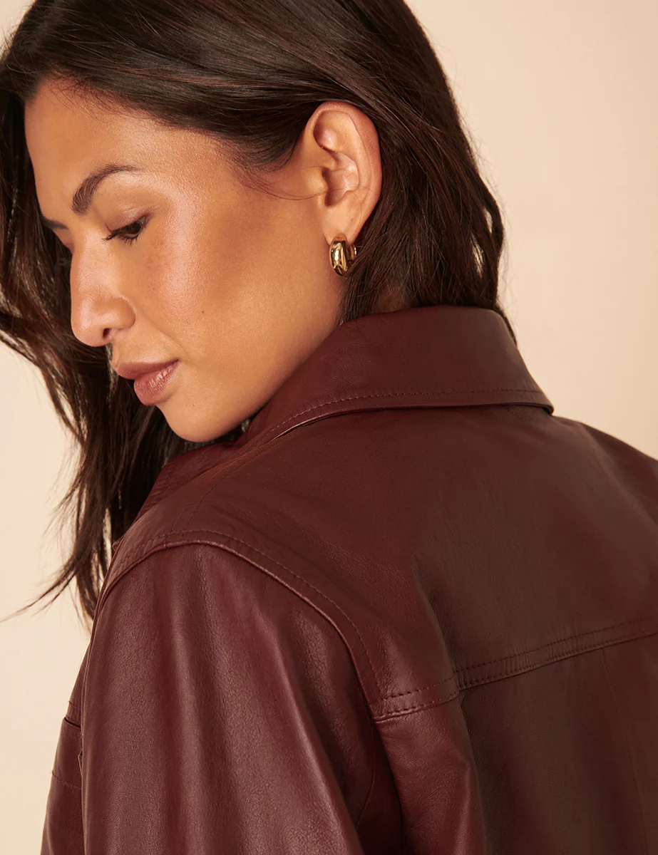 Burgundy Cropped Leather Jacket - Image 5