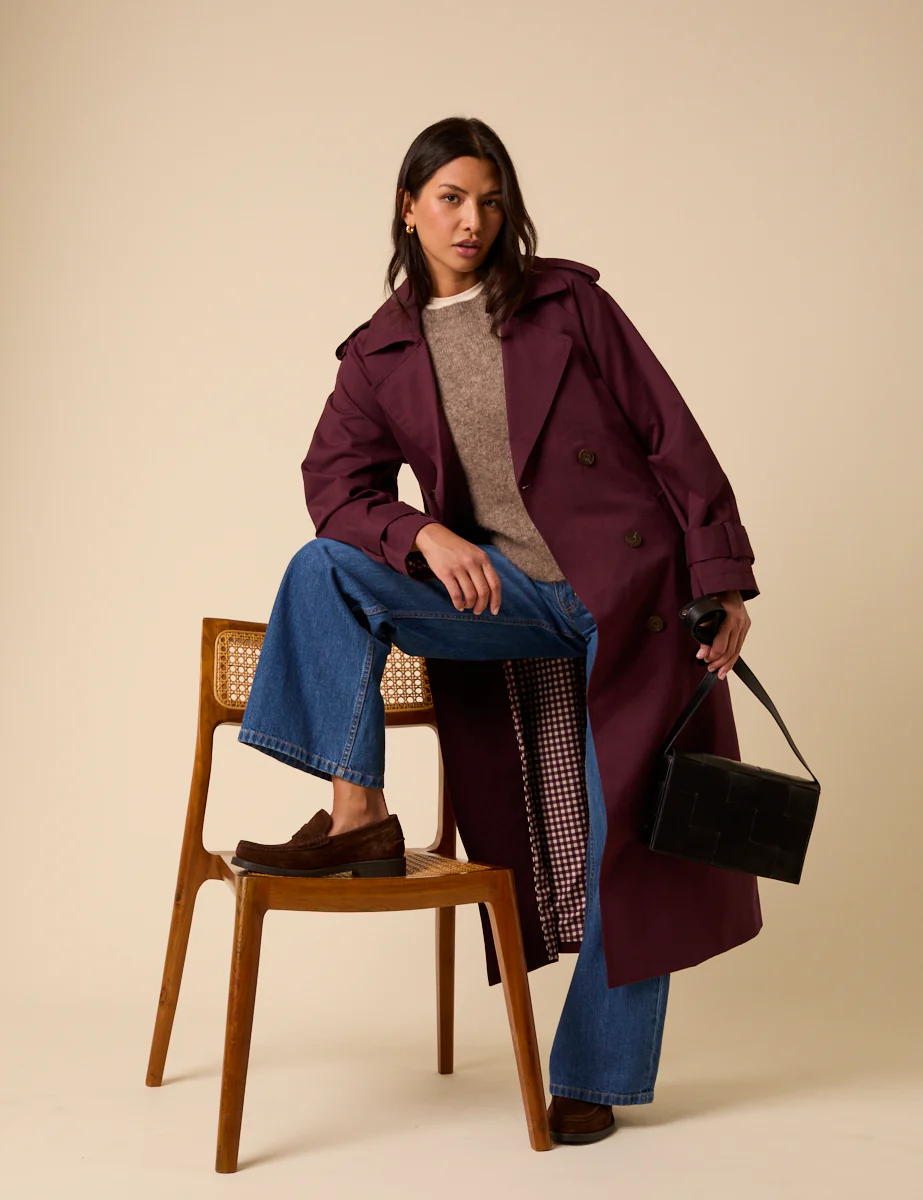 Burgundy Double Breasted Trench Coat - Image 3