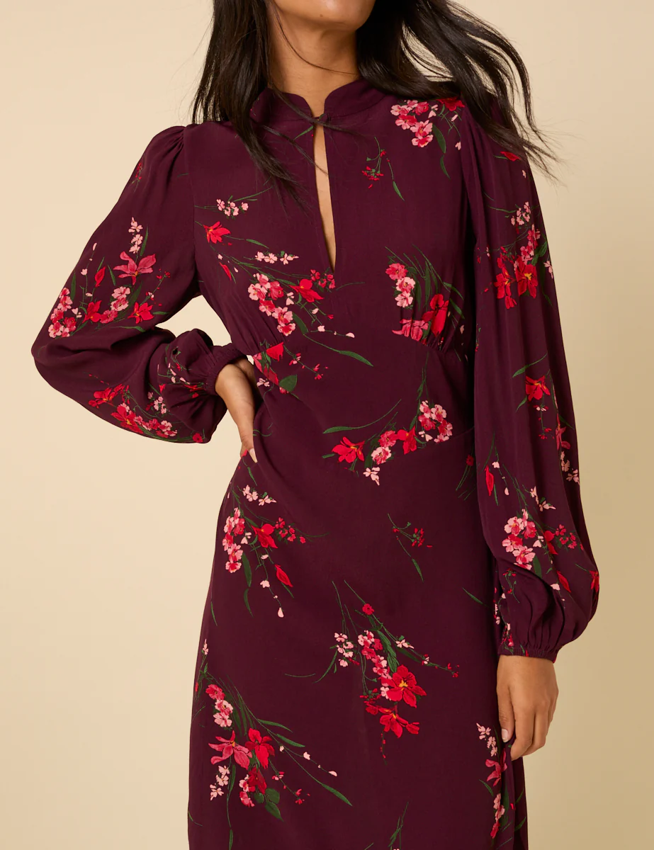 Burgundy Floral Long Sleeve Mila Midi Dress - Image 2