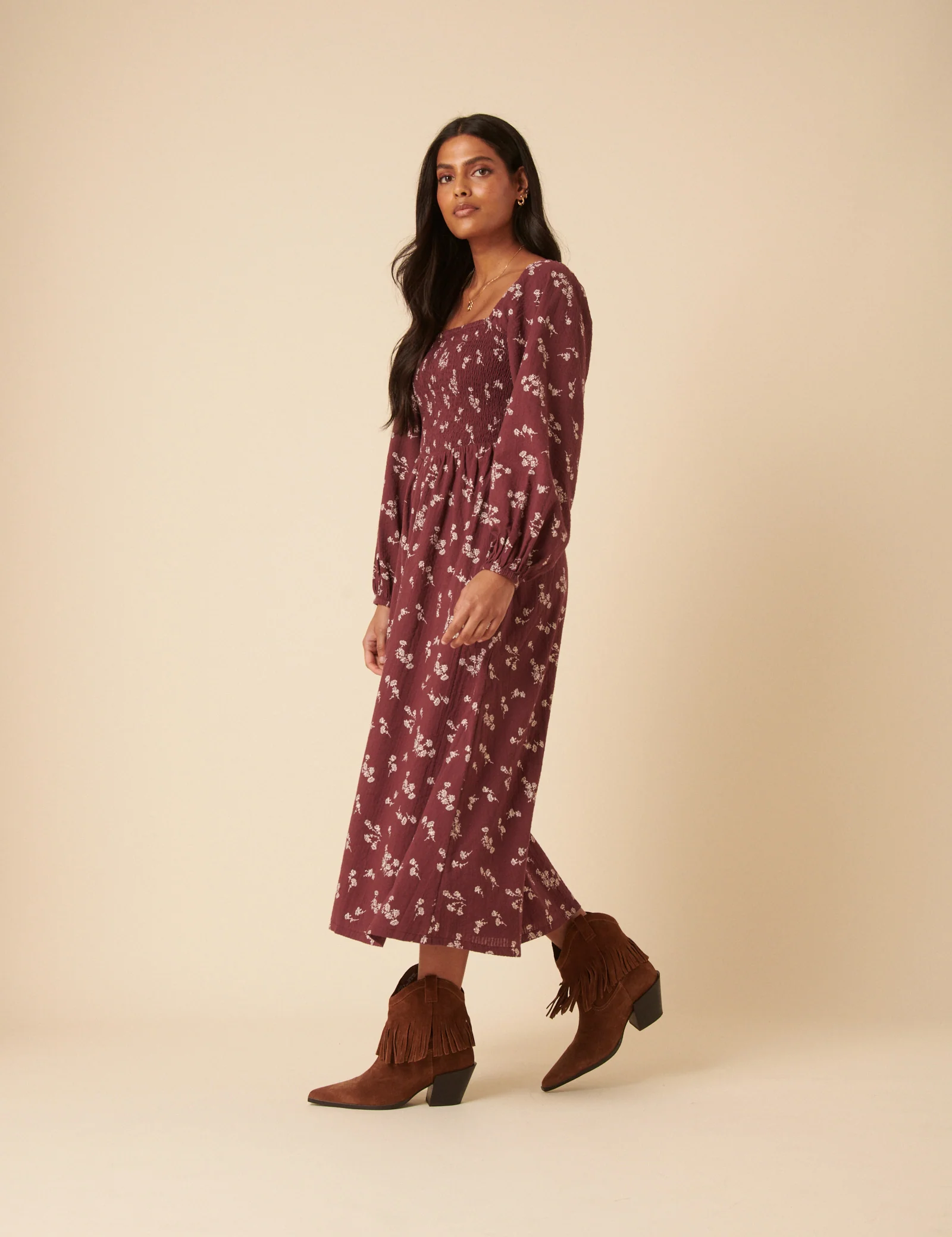 Burgundy Floral Printed Long sleeve Imogen Midi Dress - Image 4