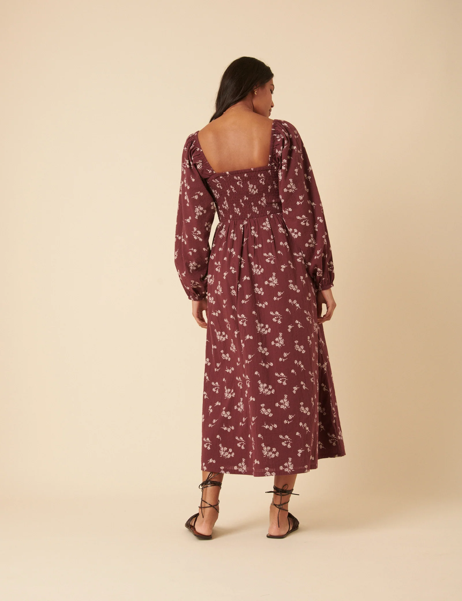 Burgundy Floral Printed Long sleeve Imogen Midi Dress - Image 5