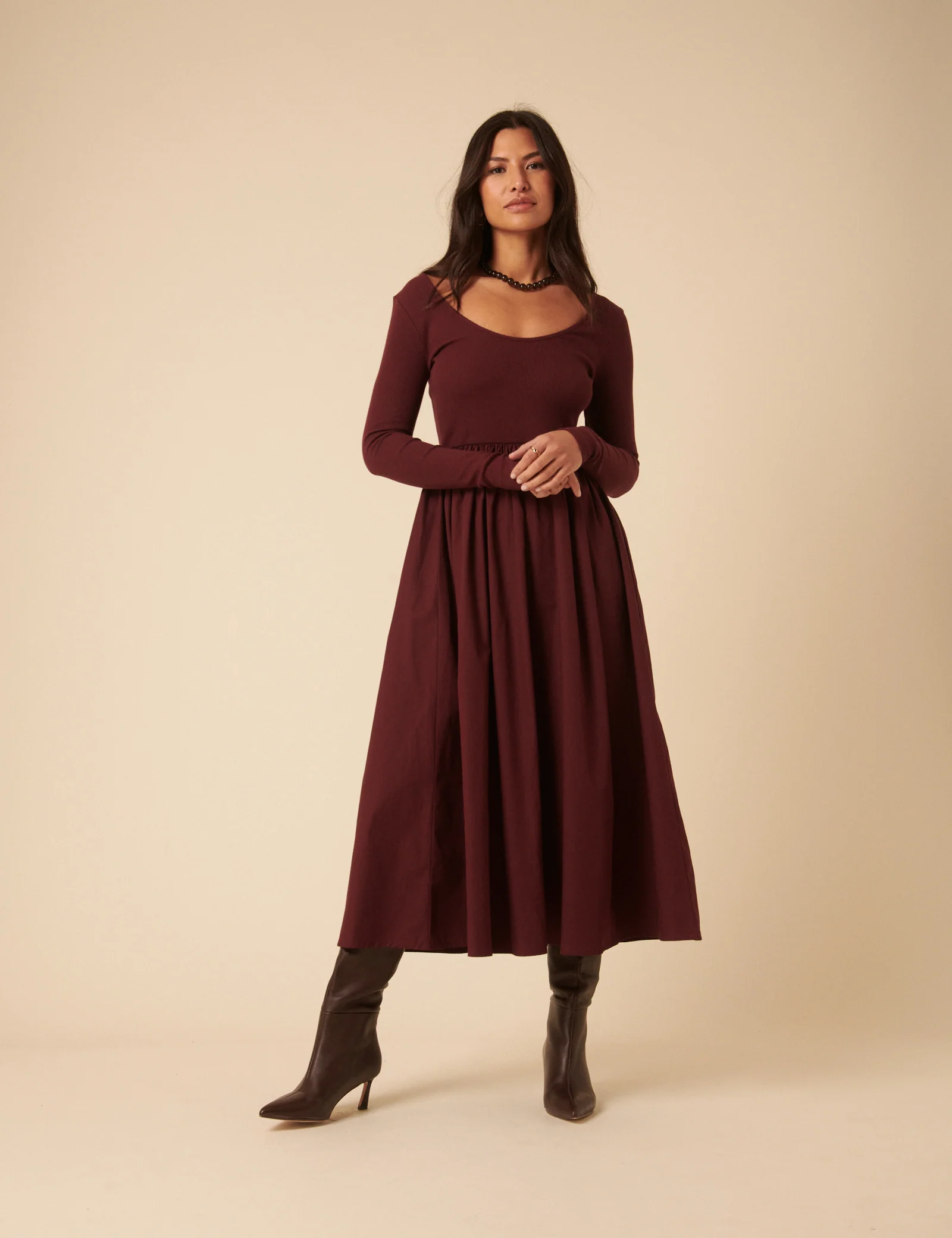 Burgundy Scoop Neck A-Line Midi Dress - Image 4