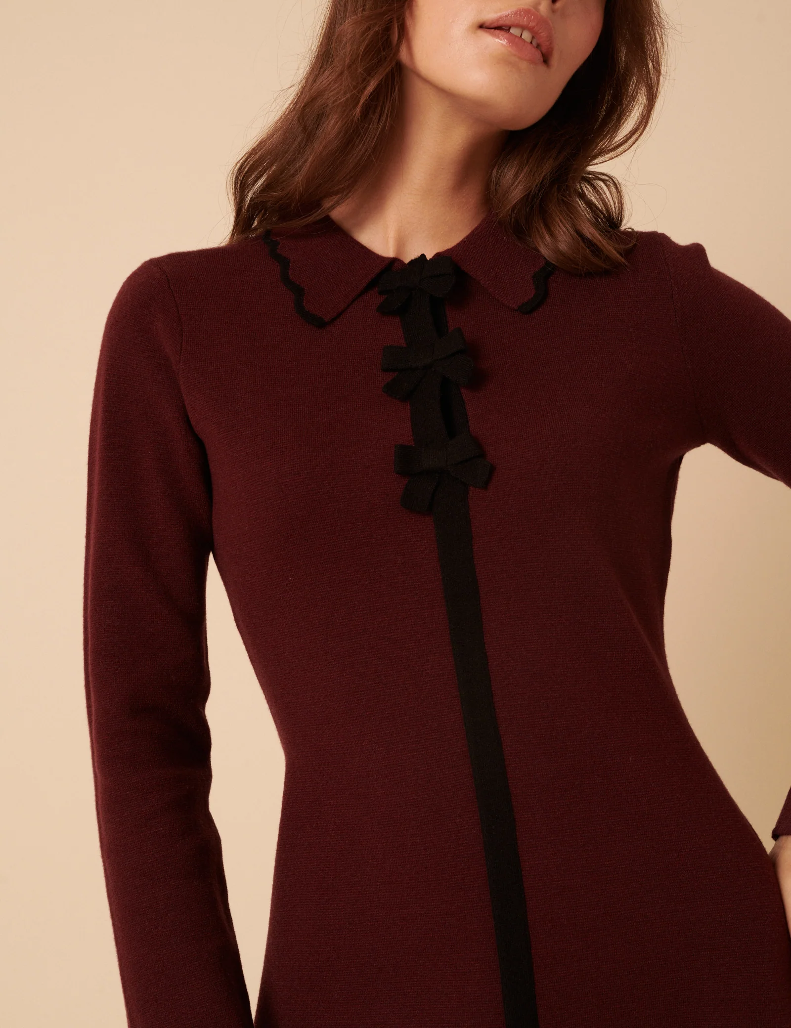 Burgundy Knitted Bow Front Mini Dress - Image 4