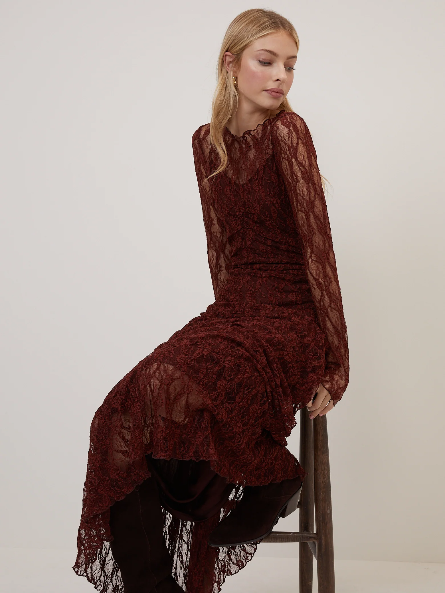 Burgundy Lace Mallory Long Sleeve Midi Dress - Image 4