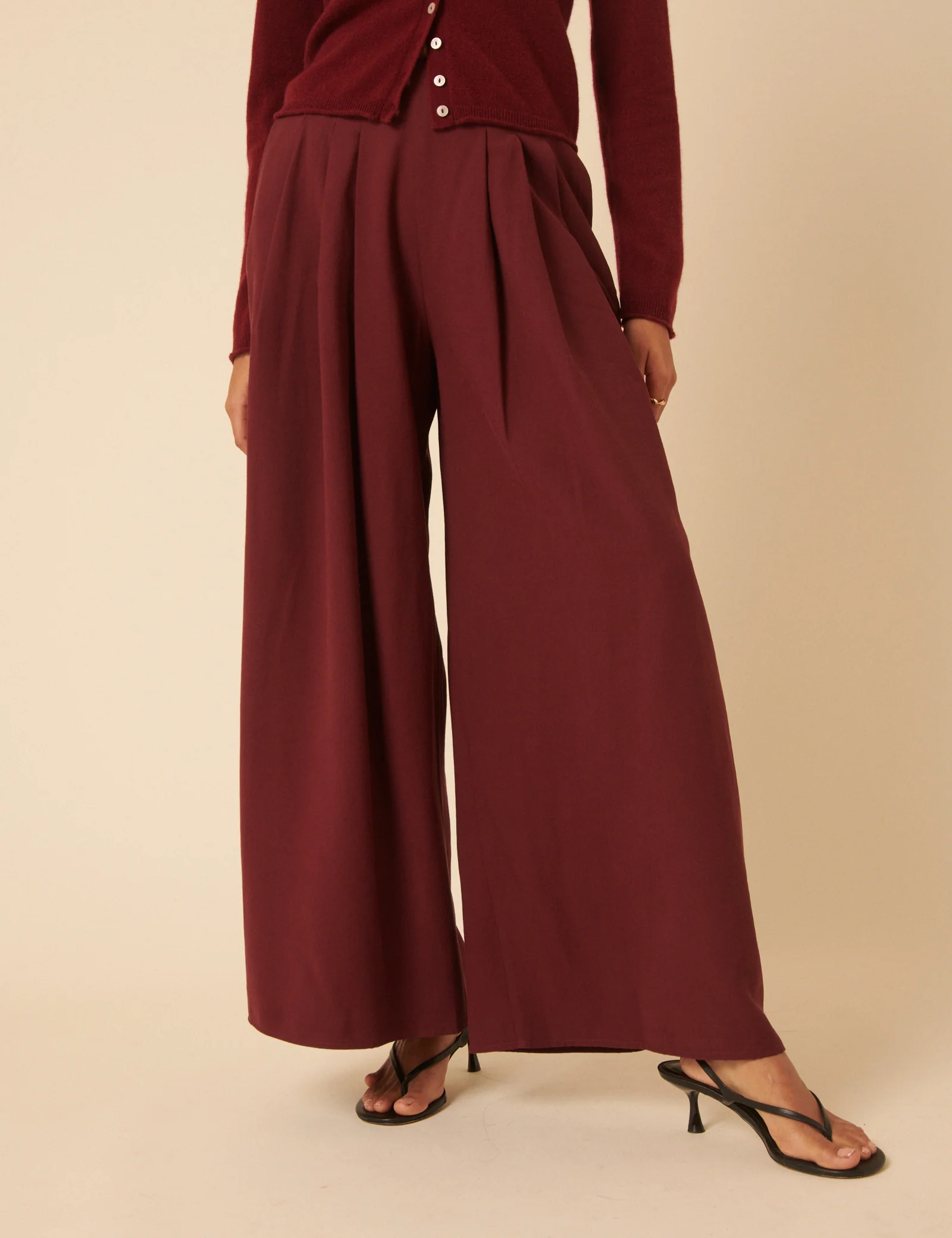 Burgundy Pleated Wide Leg Trousers - Image 3