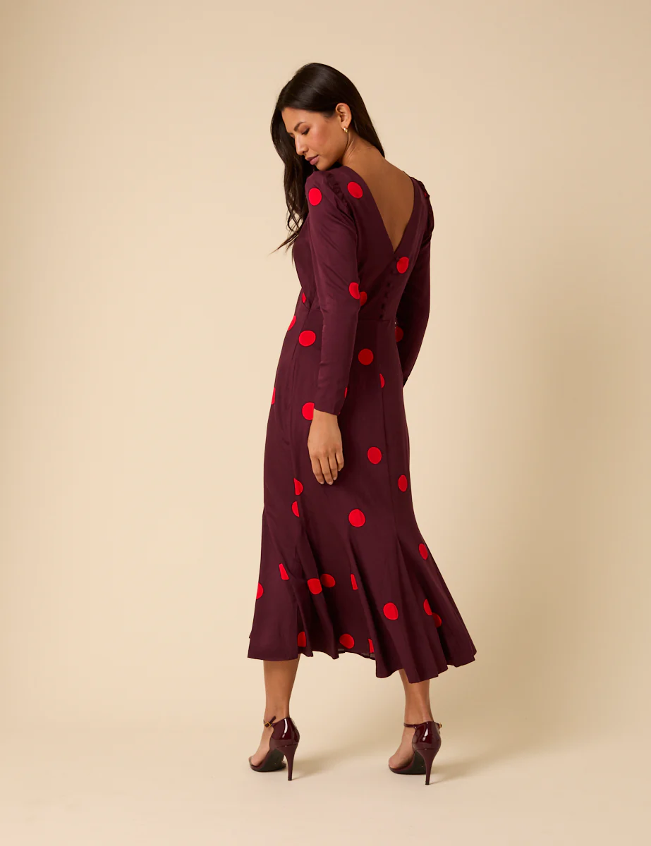 Burgundy Polka Dot Midi Dress - Image 2