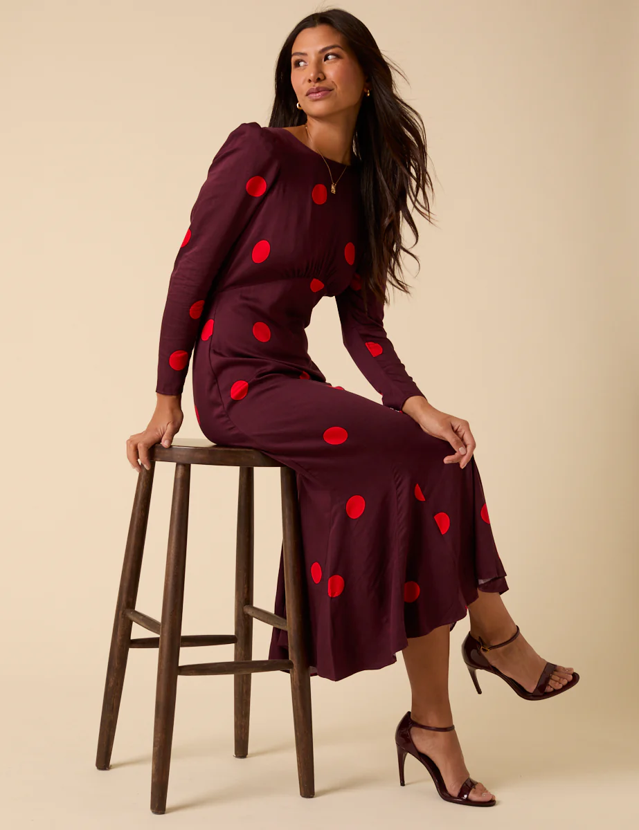 Burgundy Polka Dot Midi Dress - Image 3