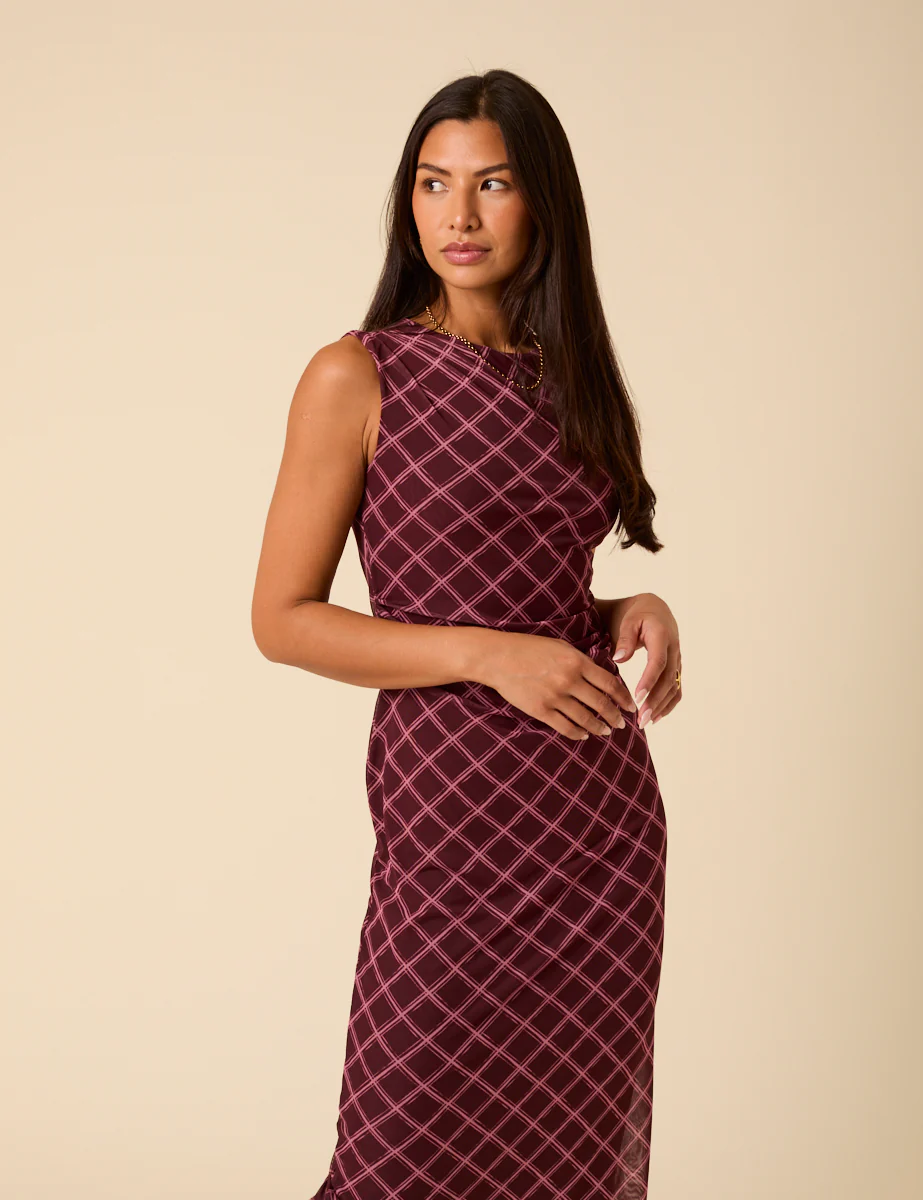Burgundy Printed Ruched Mesh Midi Dress - Image 2