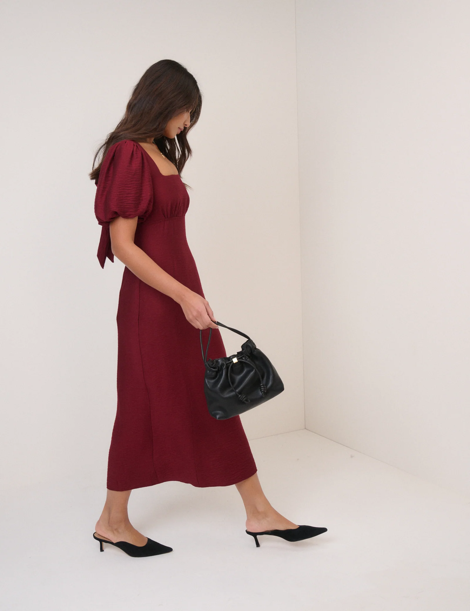 Burgundy Puff Sleeve Pax Midi Dress - Image 4