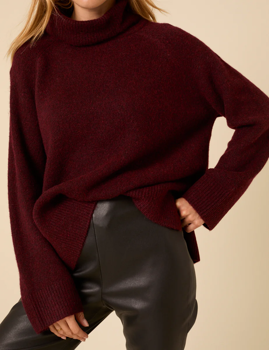 Burgundy Roll Neck Relaxed Knitted Jumper - Image 2