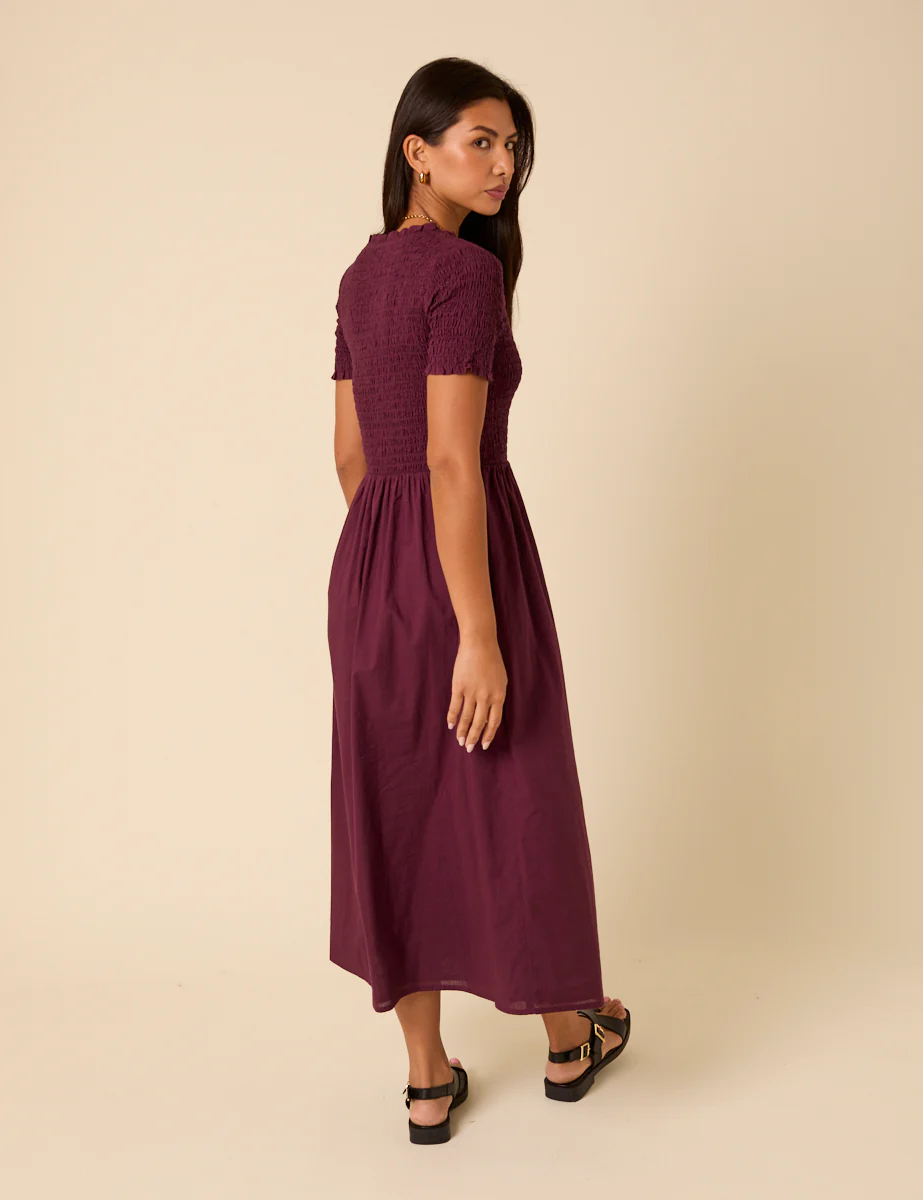 Burgundy Shirred Short Sleeve Zita Midi Dress - Image 4
