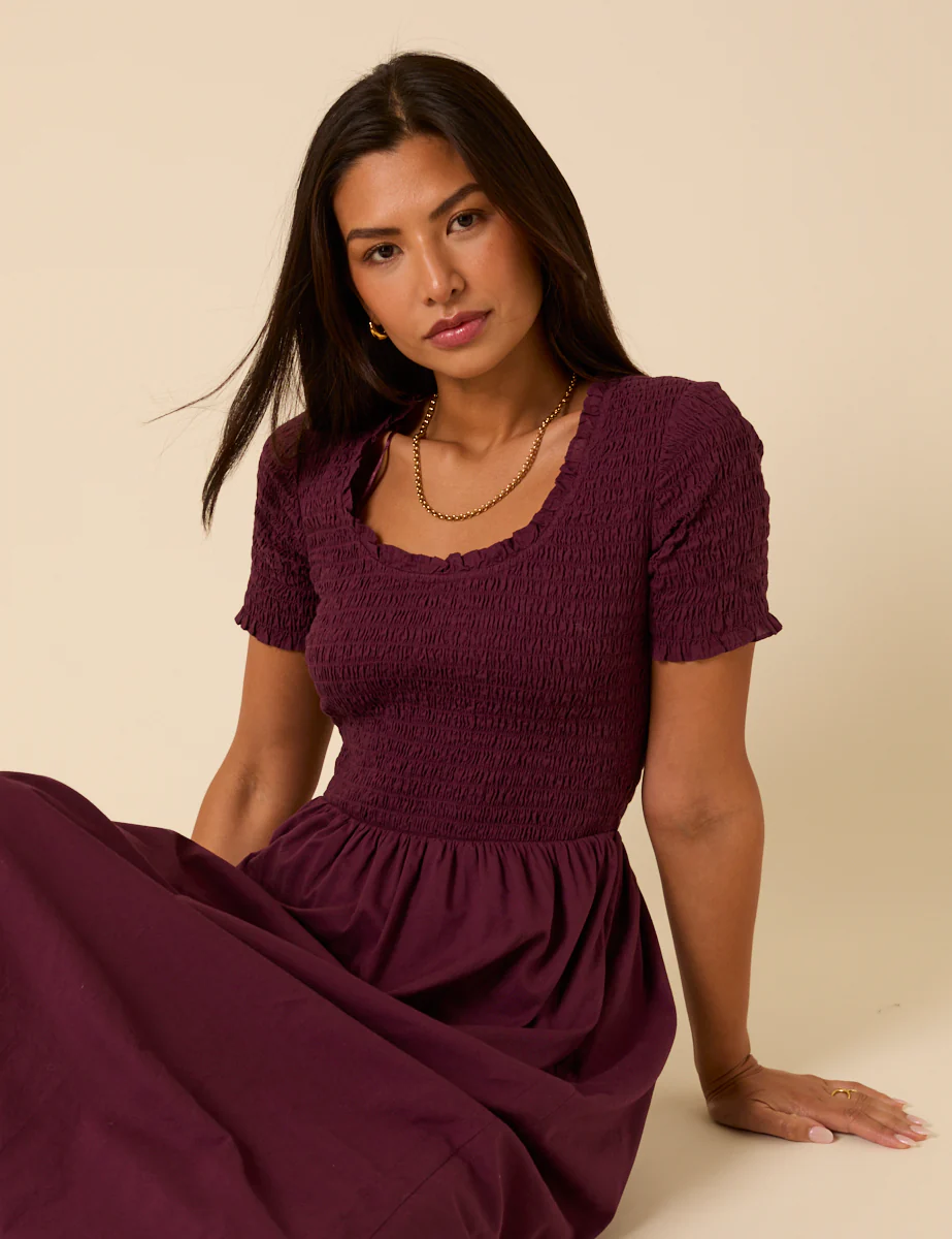 Burgundy Shirred Short Sleeve Zita Midi Dress - Image 5