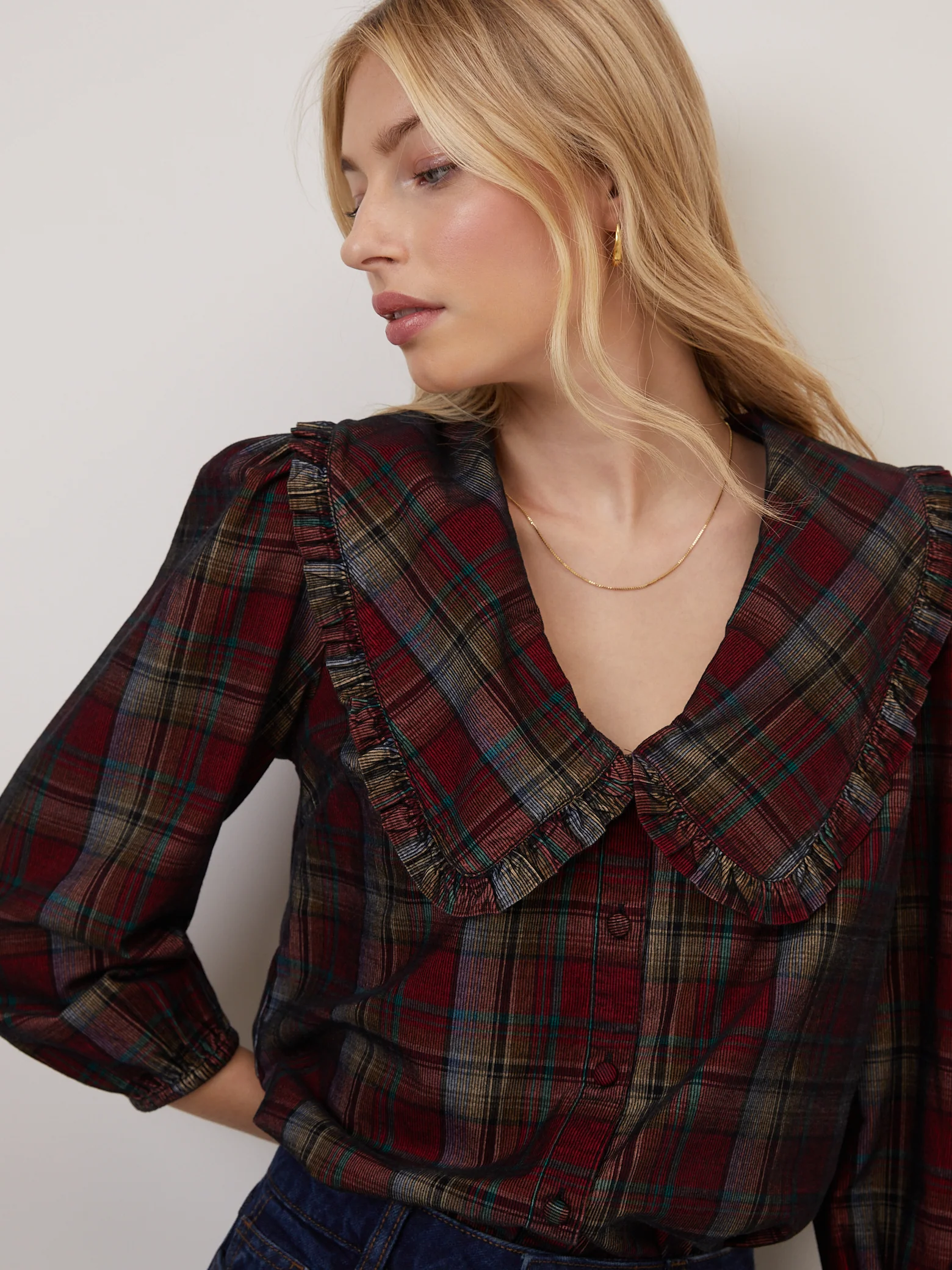 Burgundy Tartan Cord Peter Pan Collar Emmie Blouse - Image 4