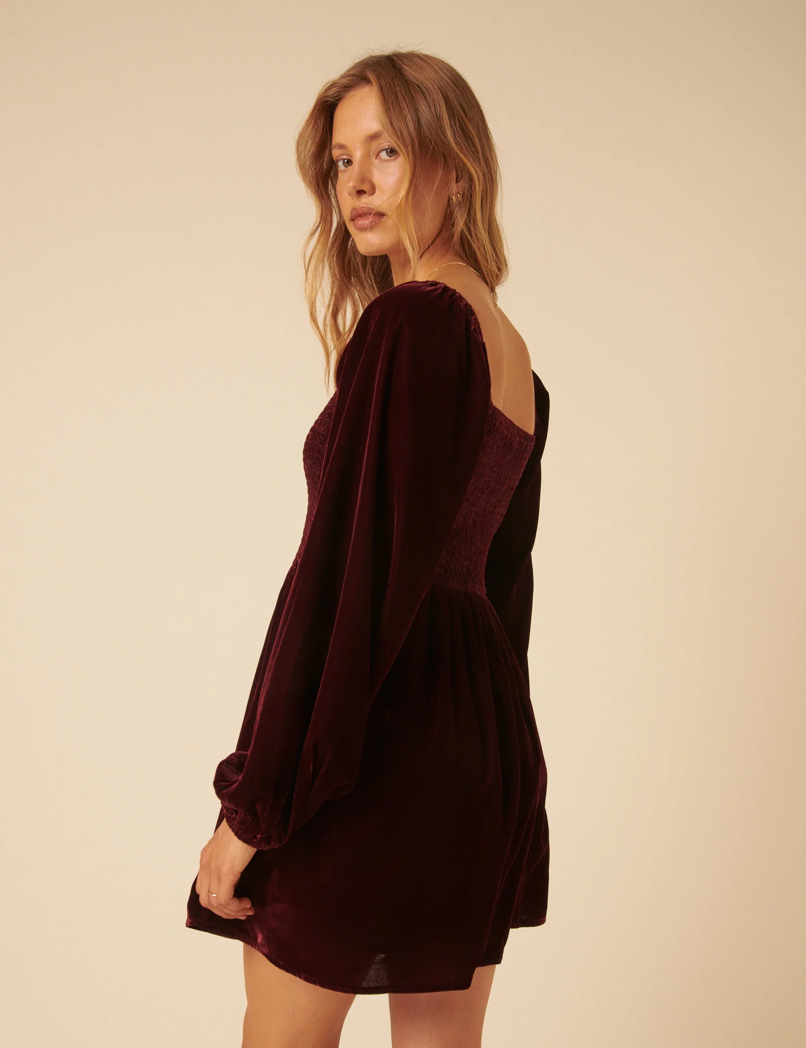 Burgundy Velvet Balloon Sleeve Jupiter Mini Dress - Image 5