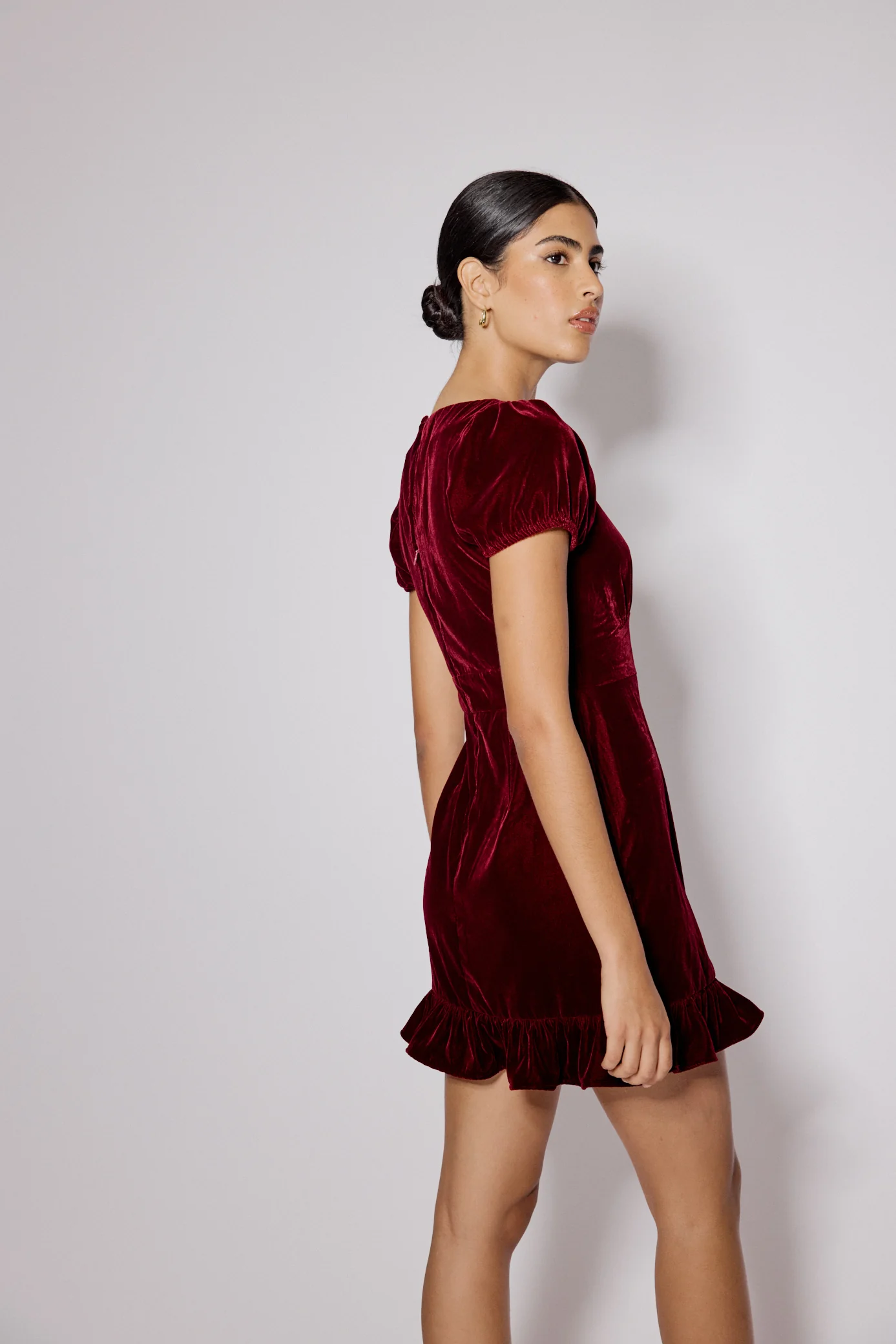 Burgundy Velvet Frill Hem Cosmo Mini Dress - Image 5