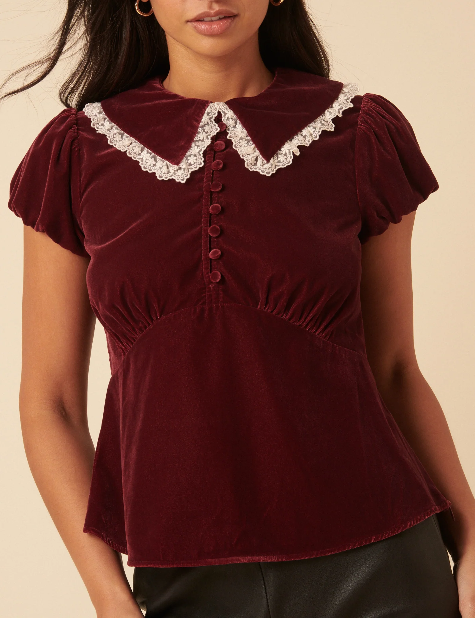 Burgundy Velvet Lace Trim Collar Top - Image 3
