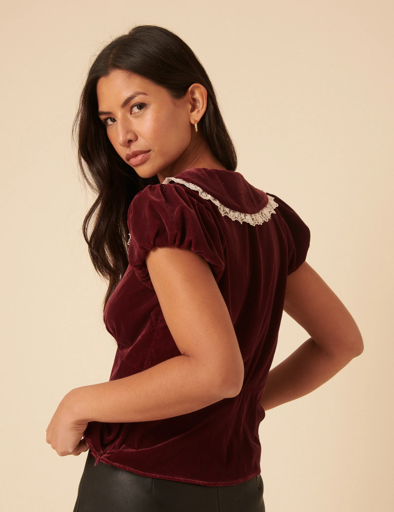 Burgundy Velvet Lace Trim Collar Top - Image 5