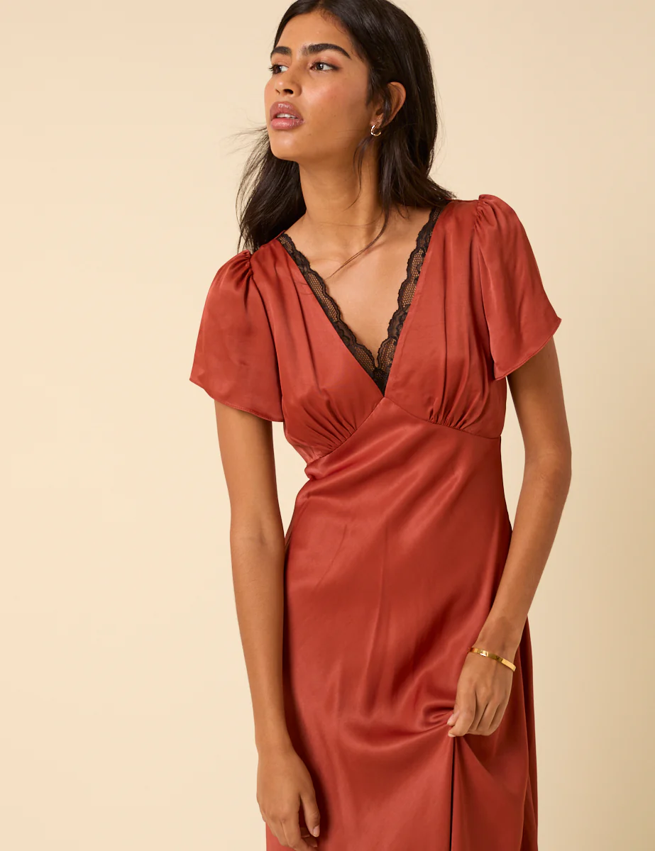 Burnt Rust Satin Lace Trim Sienna Midaxi Dress - Image 2