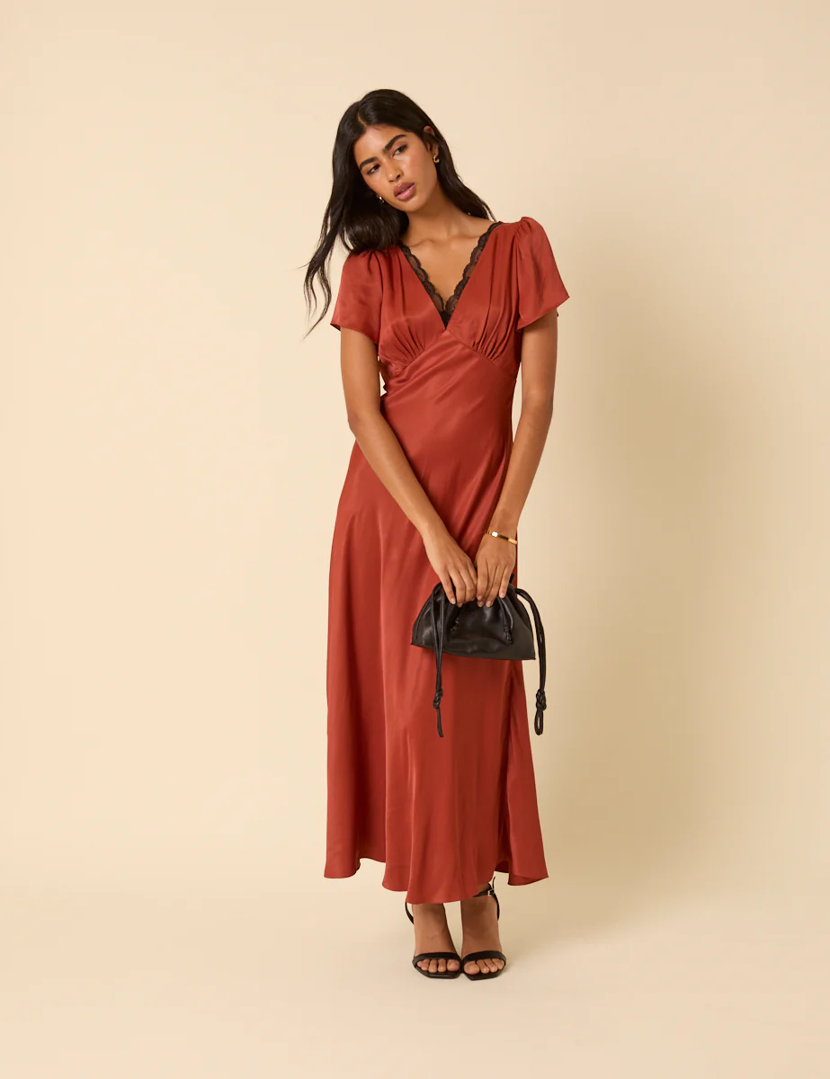 Burnt Rust Satin Lace Trim Sienna Midaxi Dress - Image 4
