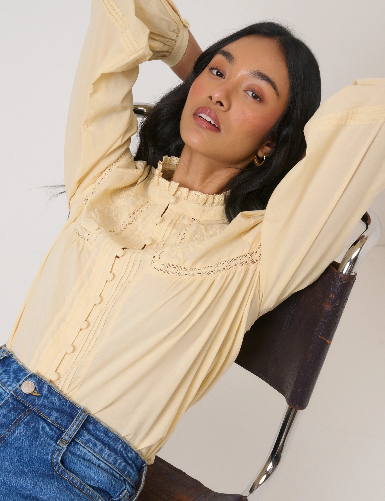 Butter Yellow Floral Embroidered High Neck Blouse - Image 5