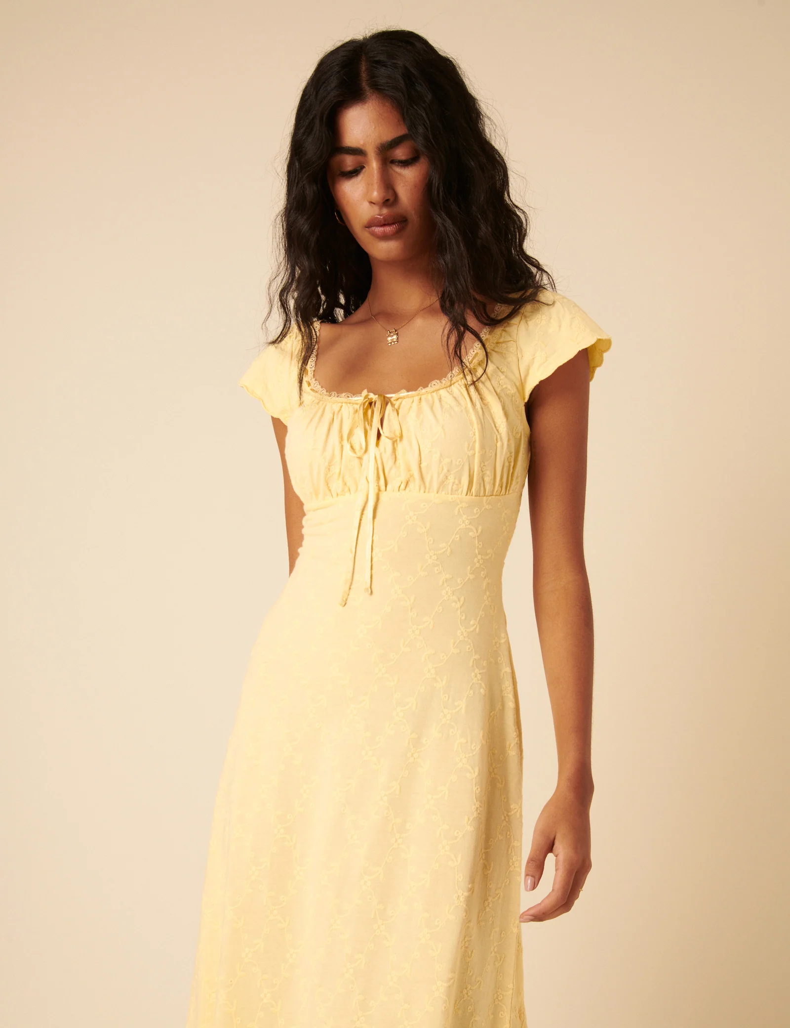 Butter Yellow Floral Embroidered Melissa Midi Dress - Image 3