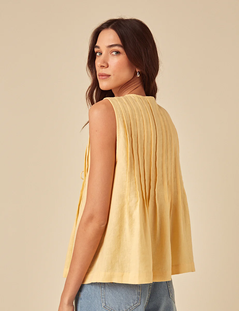 Butter Yellow Linen-blend Tie Front Top - Image 5