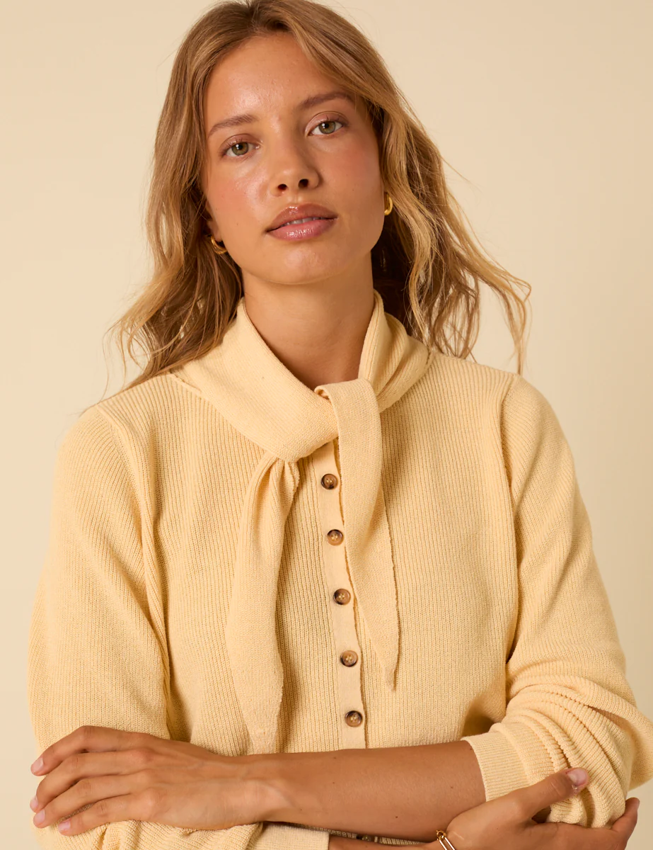 Butter Yellow Neck Tie Scarf Cardigan - Image 3