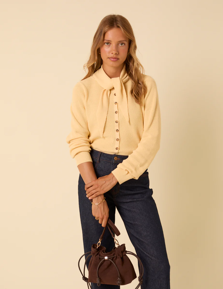 Butter Yellow Neck Tie Scarf Cardigan - Image 4