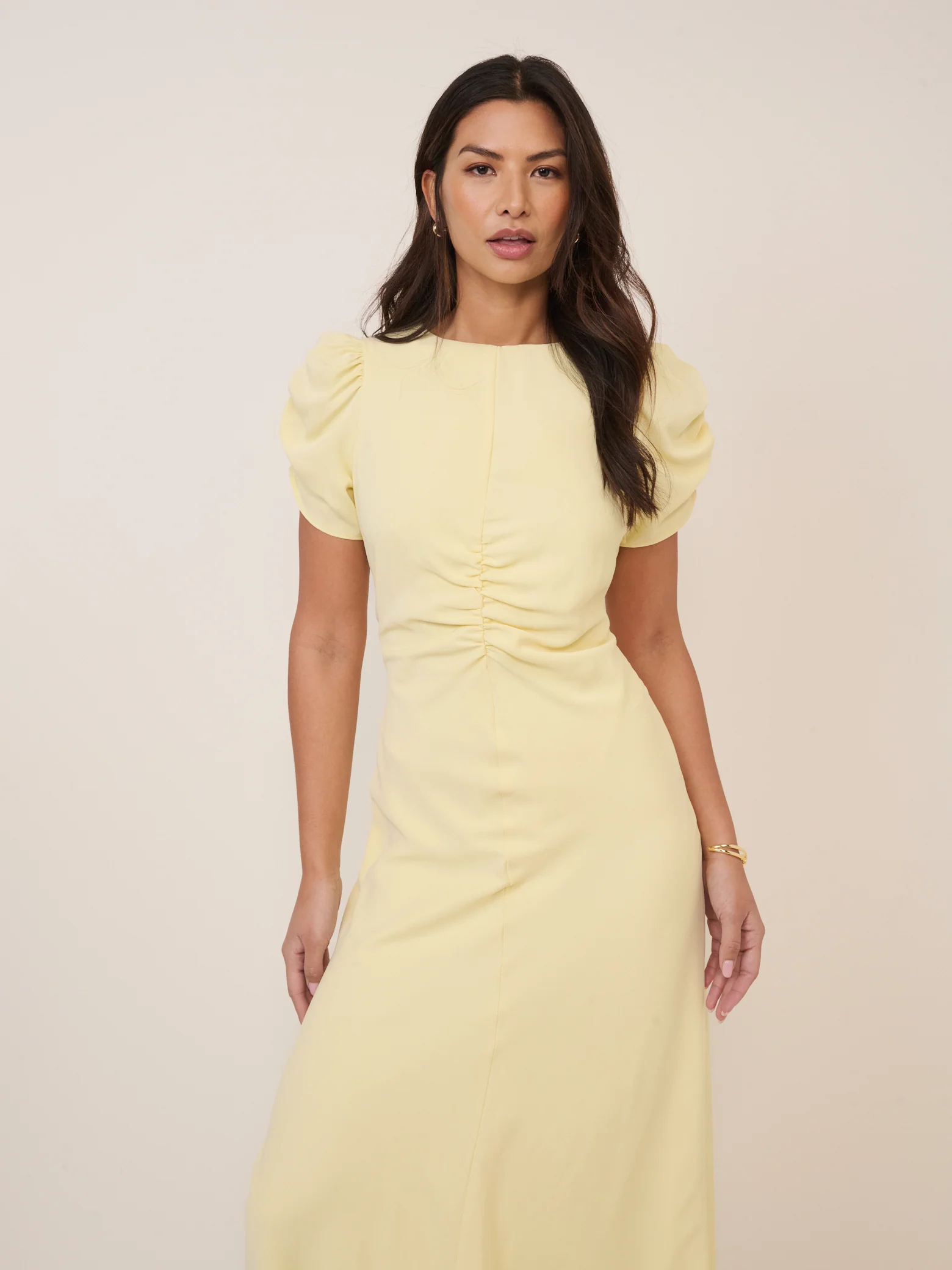 Butter Yellow Ruched Naomi Midi Dress - Image 3