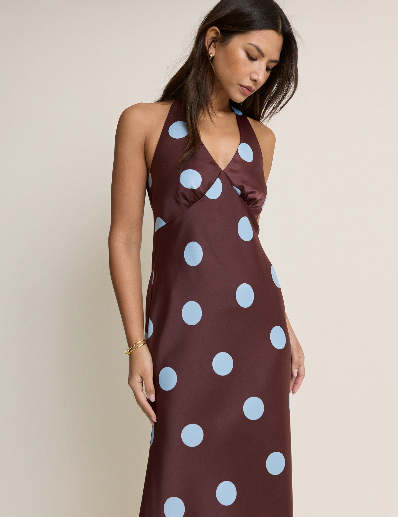 Brown Polka Dot Cali Halter Neck Midaxi Dress - Image 2