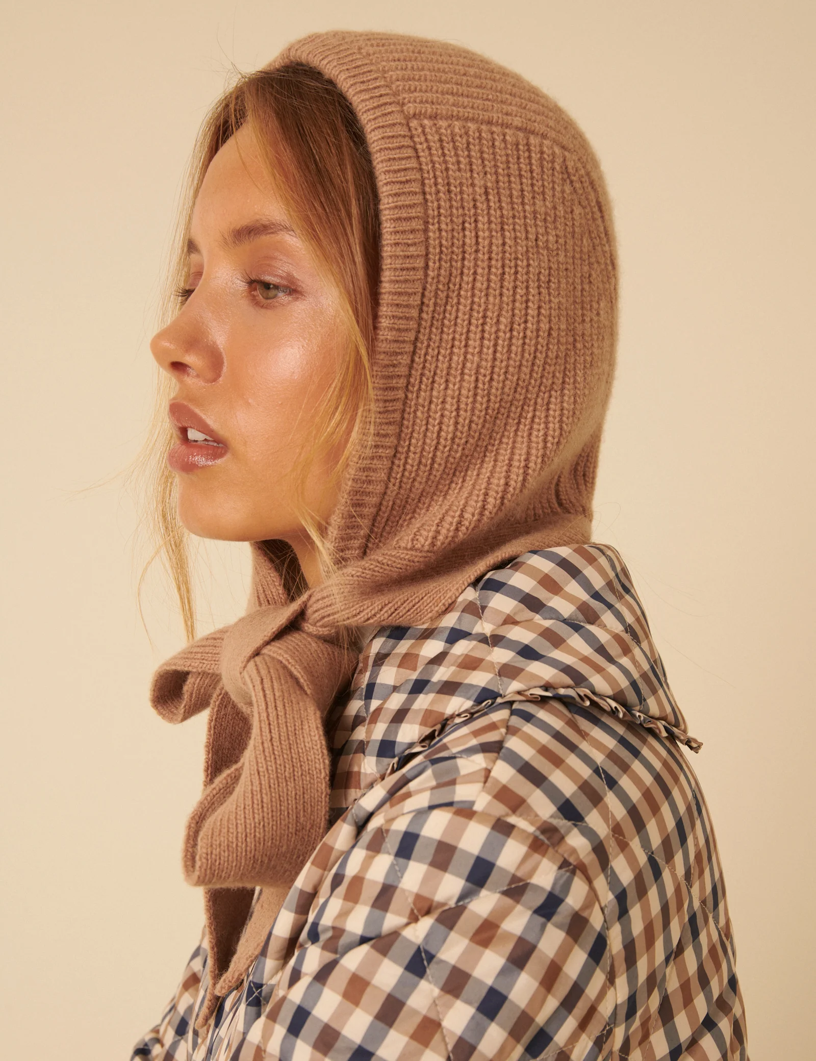 Camel Ribbed Knitted Hood - Image 2