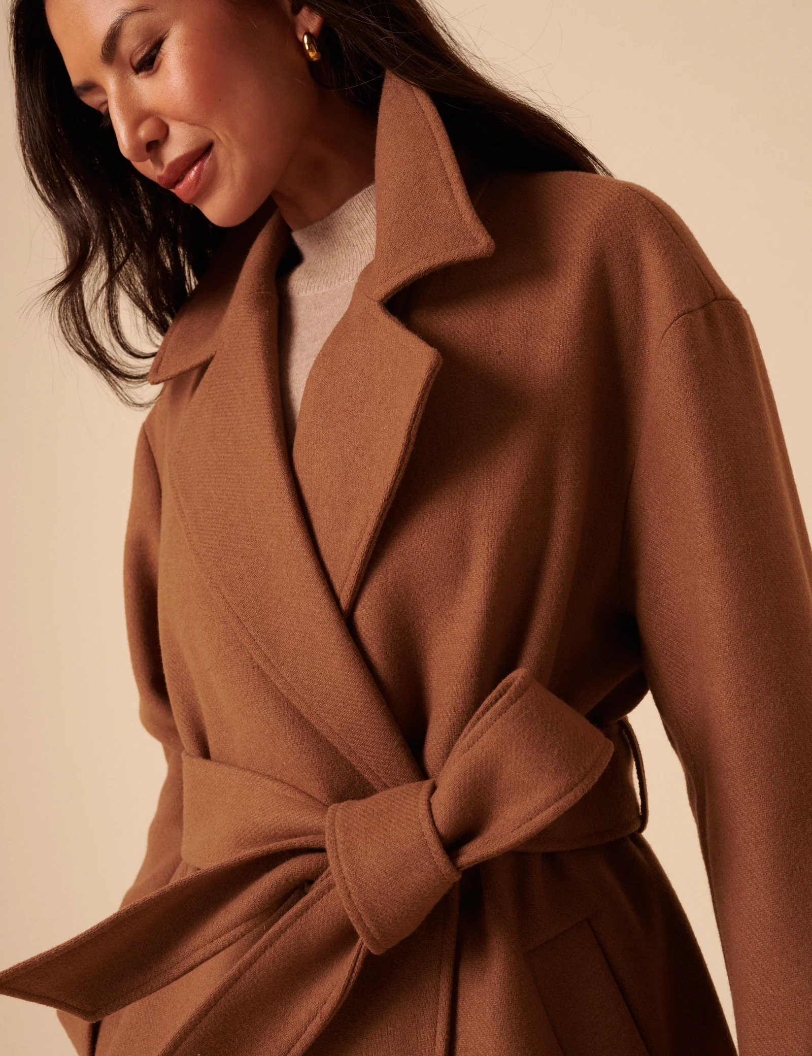 Camel Tie Belt Wrap Coat - Image 3