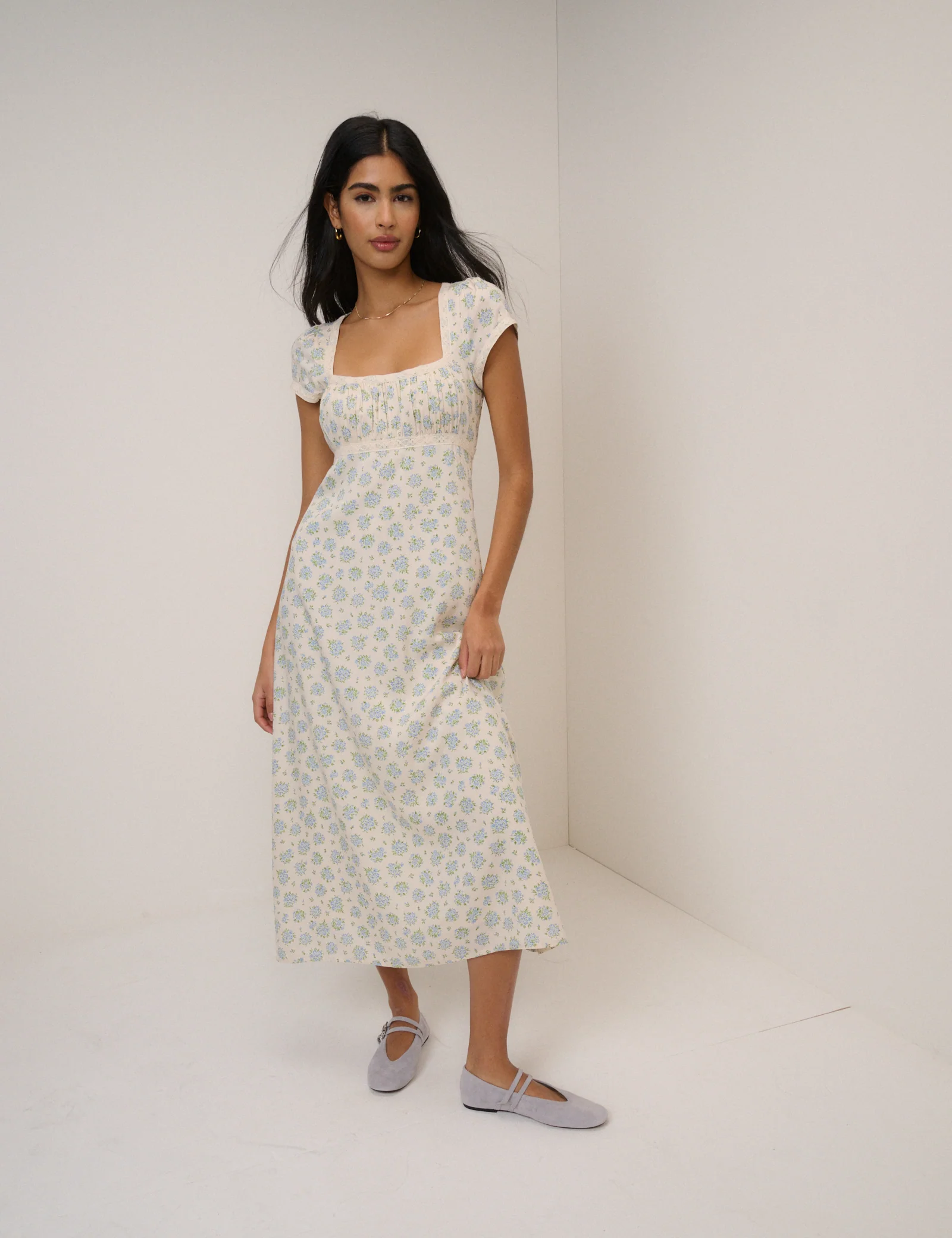 Blue Ditsy Floral Charlotte Midi Dress - Image 2